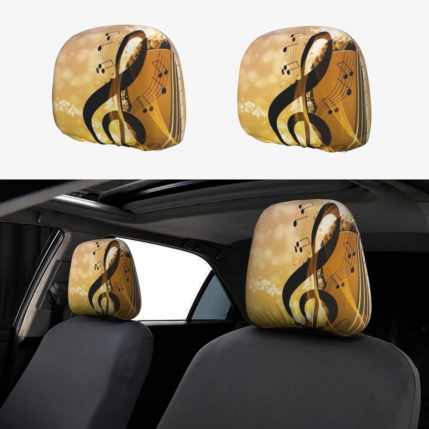 2 Pcs Car Headrest Cover Elastic Breathable Car Headrest Protector Soft Washable Dirt-Proof Headrest Covers Piano Violin Music Notes Car Head Rest Protector Universal Fit for Cars SUV Truck