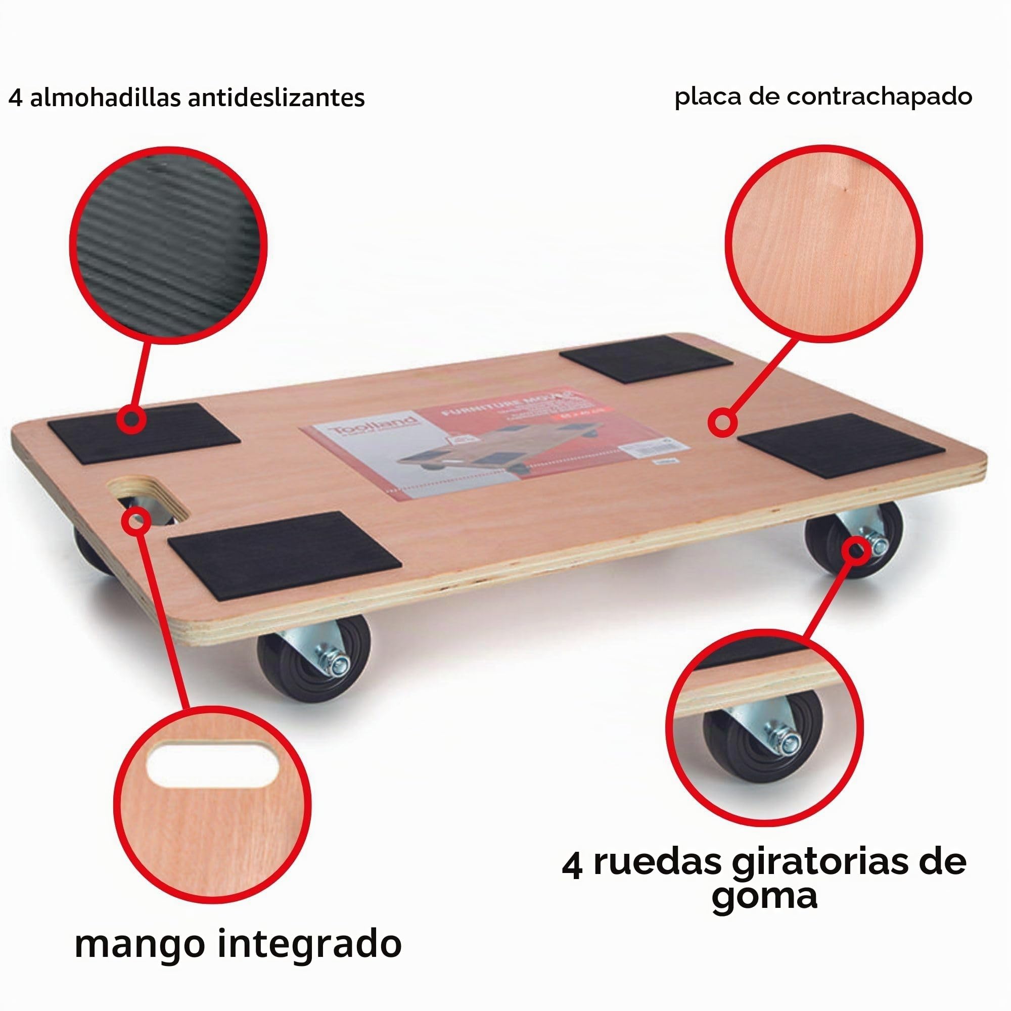 Toolland Plataforma con Ruedas para Muebles, Ayuda de Transporte 400 kg, Base de contrachapado 65 x 40 cm, Revestimiento Antideslizante, asa y 4 Ruedas giratorias de Goma, mudanzas