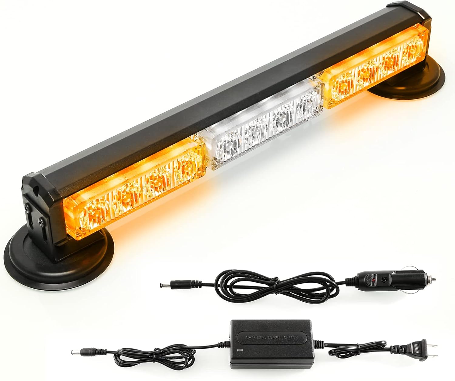 BooYu 14" Battery Powered Emergency Strobe Lights Bar for Truck Vehicle Trailer Rechargeable Roadside Wireless Rooftop Mini Hazard Flashing LED Beacon Warning Light w/Magnetic Base (Amber/White)