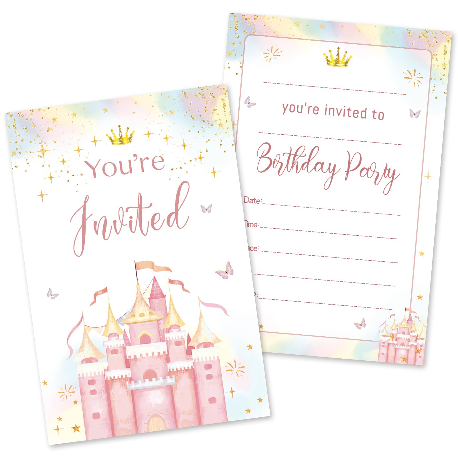 HOMANGA Birthday Party Invitations for Girls, 20 Pcs Pink Birthday Invites, Princess Theme Party Invitation Cards with Envelopes, 10x15cm