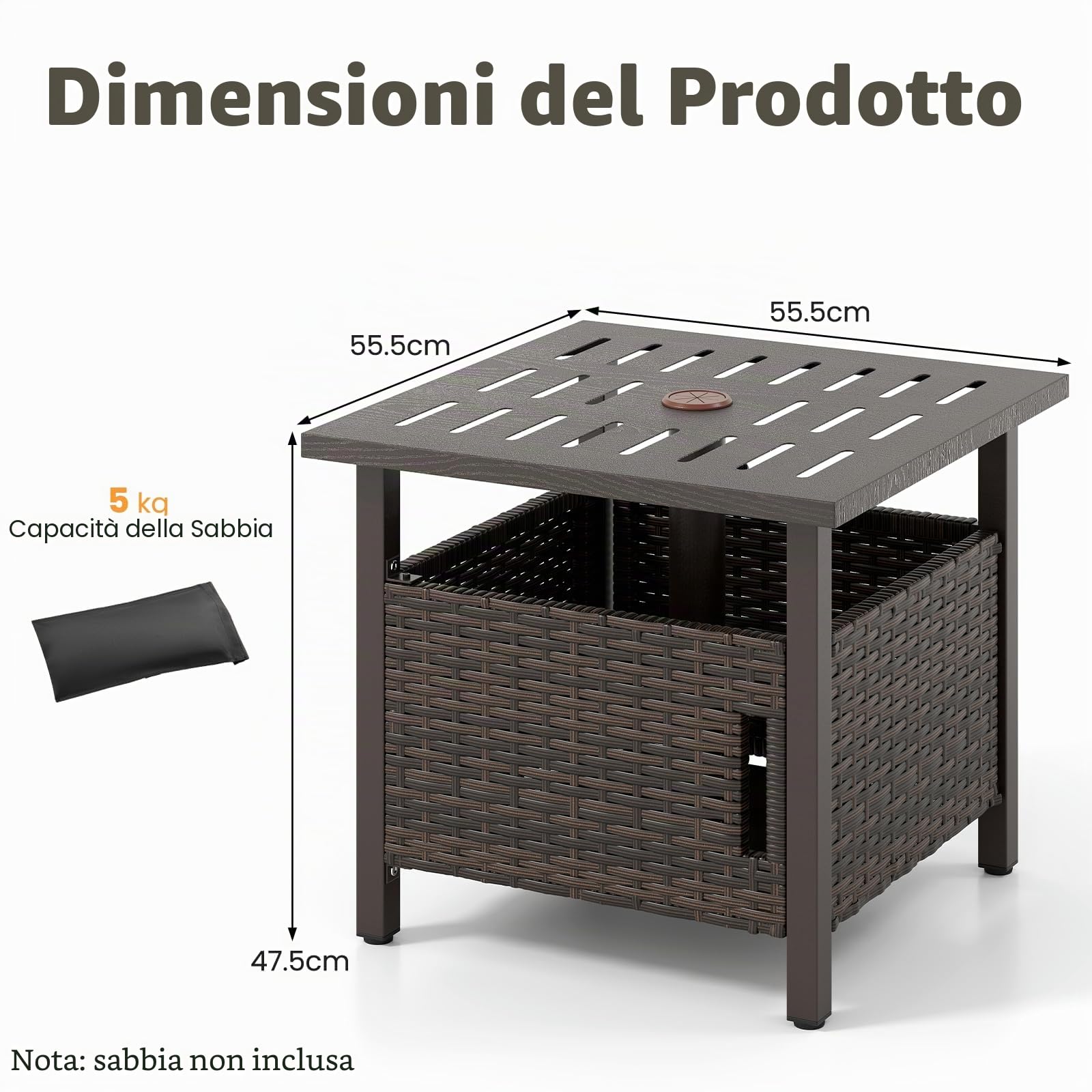 LIFEZEAL Tavolo da giardino in polyrattan con foro per ombrellone, per esterni, resistente alle intemperie, con 2 sacchi di sabbia, tavolo quadrato da balcone per giardino, cortile, terrazza, 55,5 x