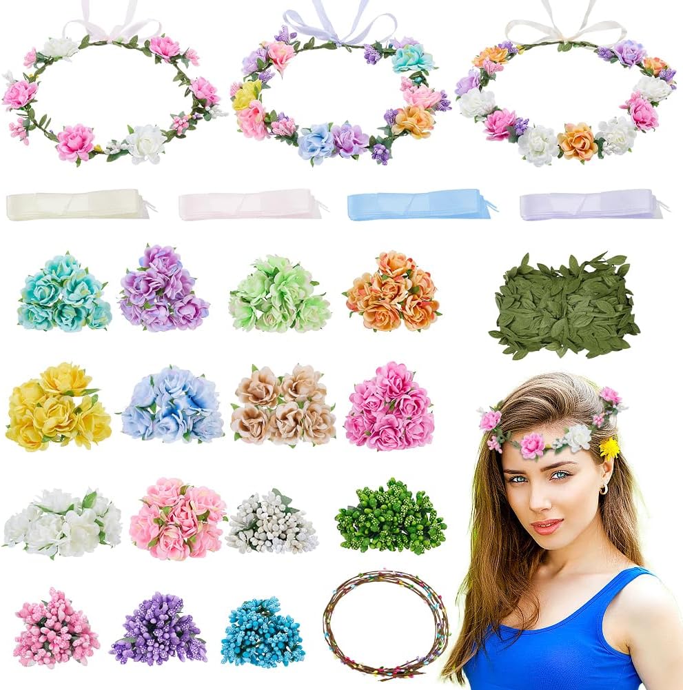 20 Sets DIY Flower Crown Making Kit, Blooming Rose Series Flowr Crowns Kit, Floral Headband, Make Your Own Crown Garland Headband for Princess Women Wedding Birthday Party