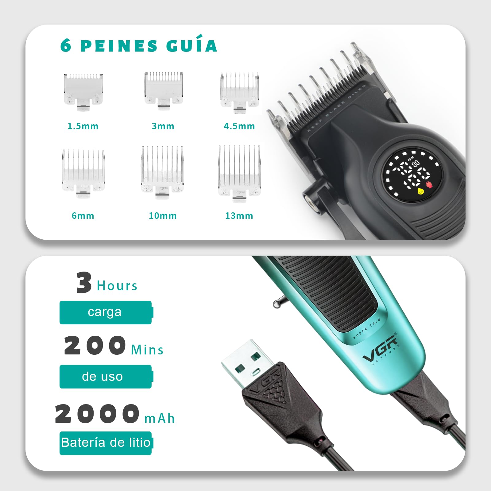 VGR 196 Maquina Cortar Pelo Profesional con Cuchillas de Cerámica, Verde | Maquina Cortar Pelo Hombre Inalámbrica con Palanca de Ajuste, Cortapelos Hombre Profesional con 6 Peines Guía, Pantalla LED