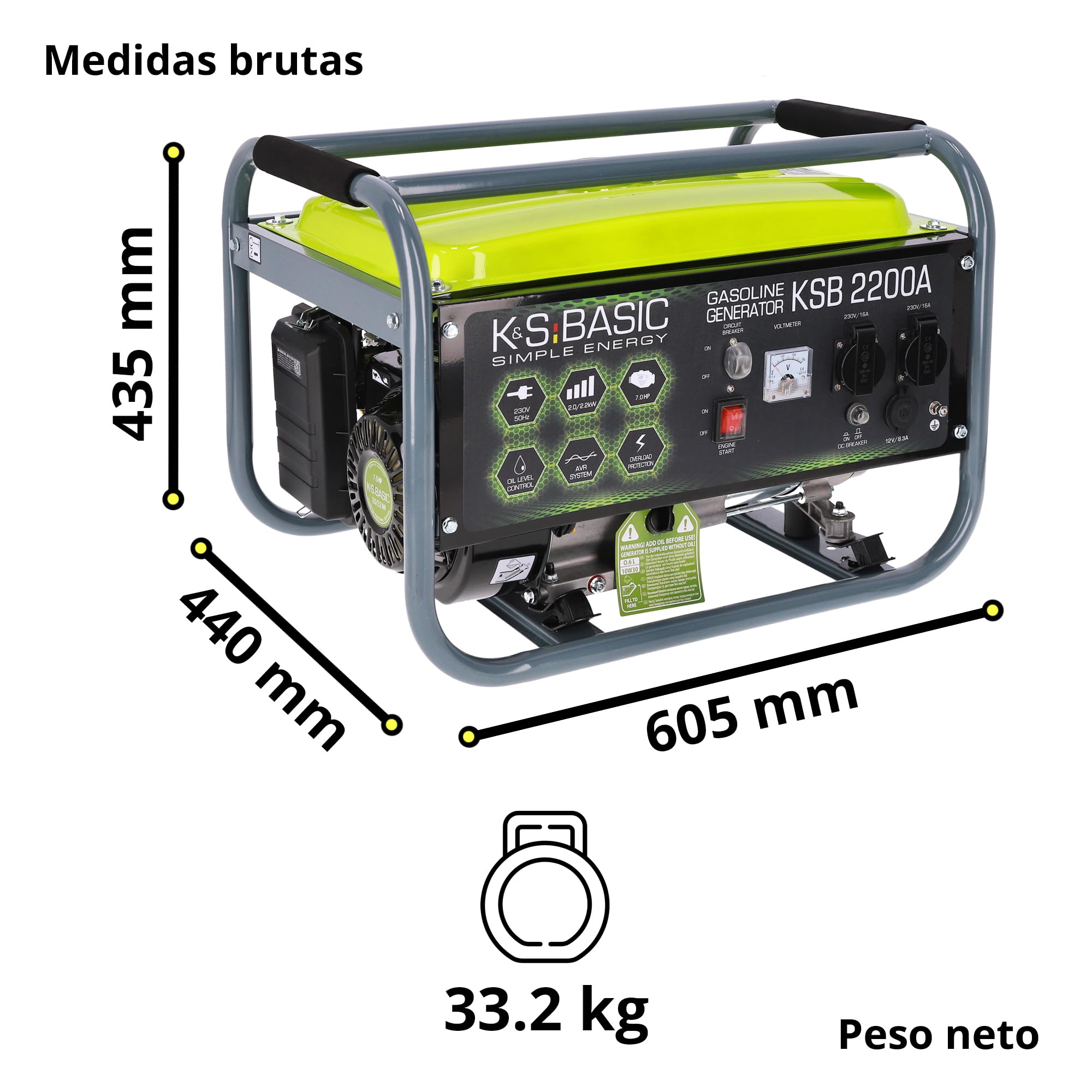 Generador de gasolina KSB 2200A con la potencia de 2200 W, arranque manual, regulador automático de voltaje (AVR), voltímetro, 2 x Schuko 230 V, salida 12V, alternador con bobinado de aluminio