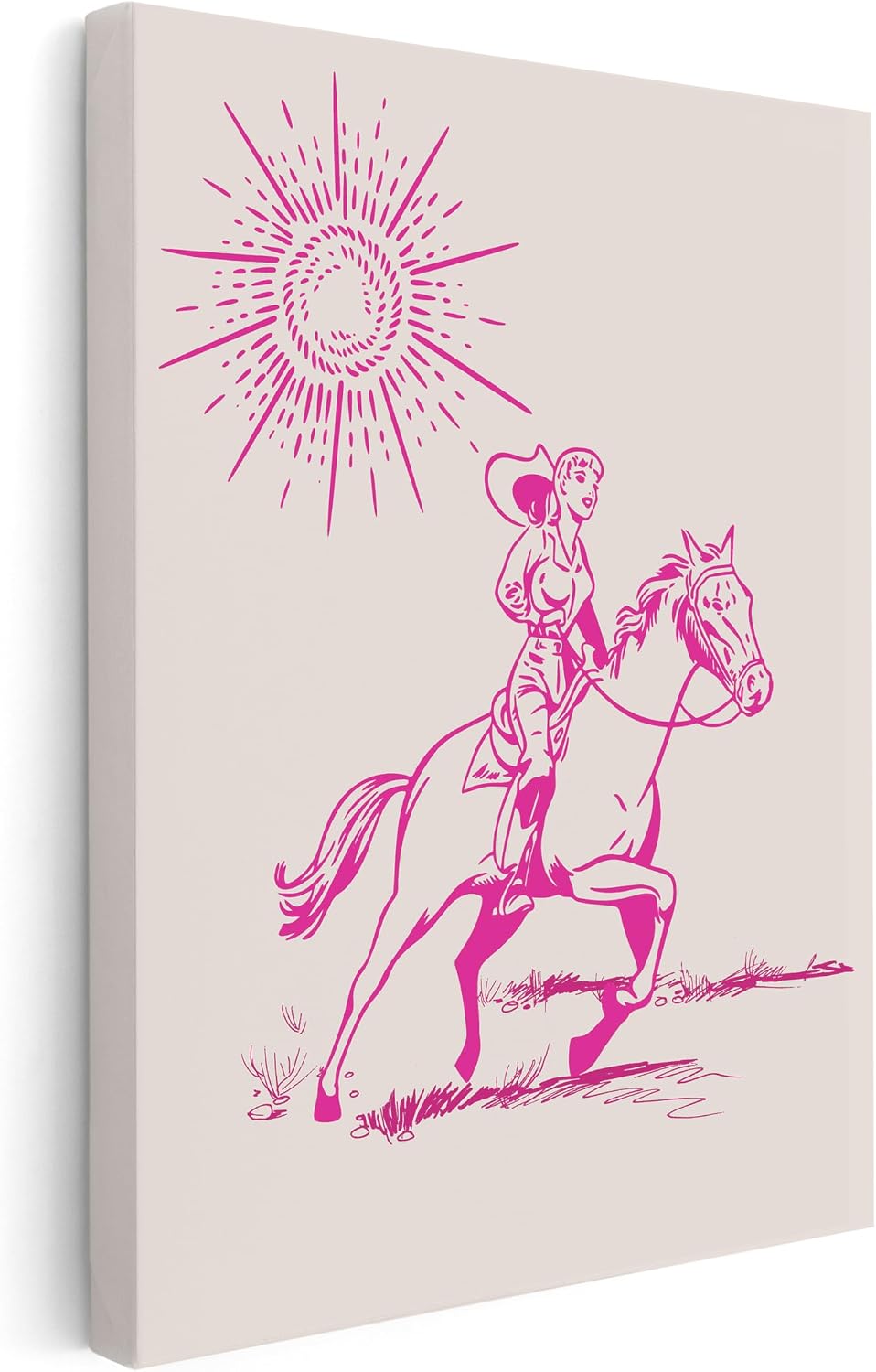 Poster Master Sunset Cowgirl Canvas - Retro Pink Cowgirl Print - Western & Wild West Art - Trendy Gift for Men & Women - Modern Wall Decor for Dorm or Living Room - 8x10 STRETCHED Canvas