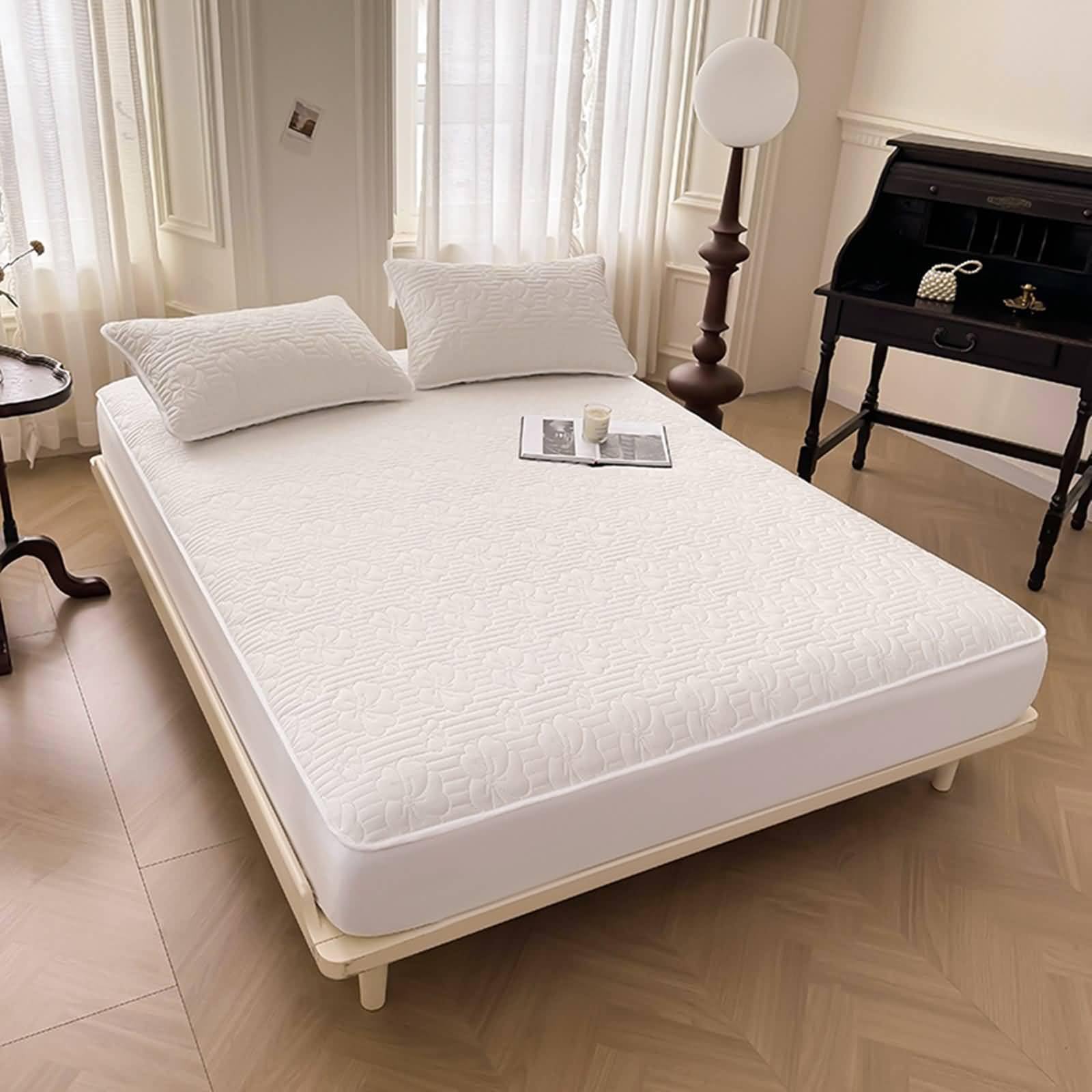 Spannbetttücher aus Baumwolle, Einfarbig mit Blumenmuster, 120 x 200 cm, Spannbettlaken Beige Weiß