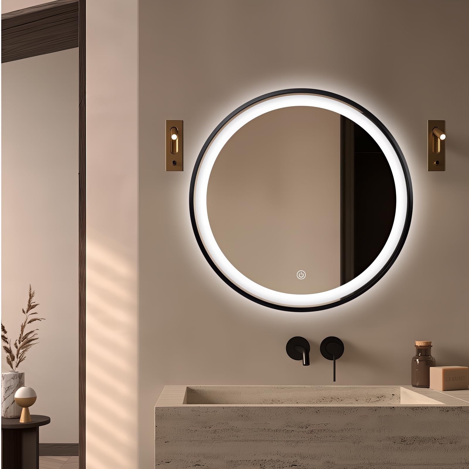 Miroir LED Rond Ø60 cm avec Cadre Aluminium Noir Mat – Éclairage Frontal Dimmable 6000K Blanc Naturel – Fonction Anti-Buée, Prise EU Incluse, Installation Facile, Design Moderne Salle de Bain