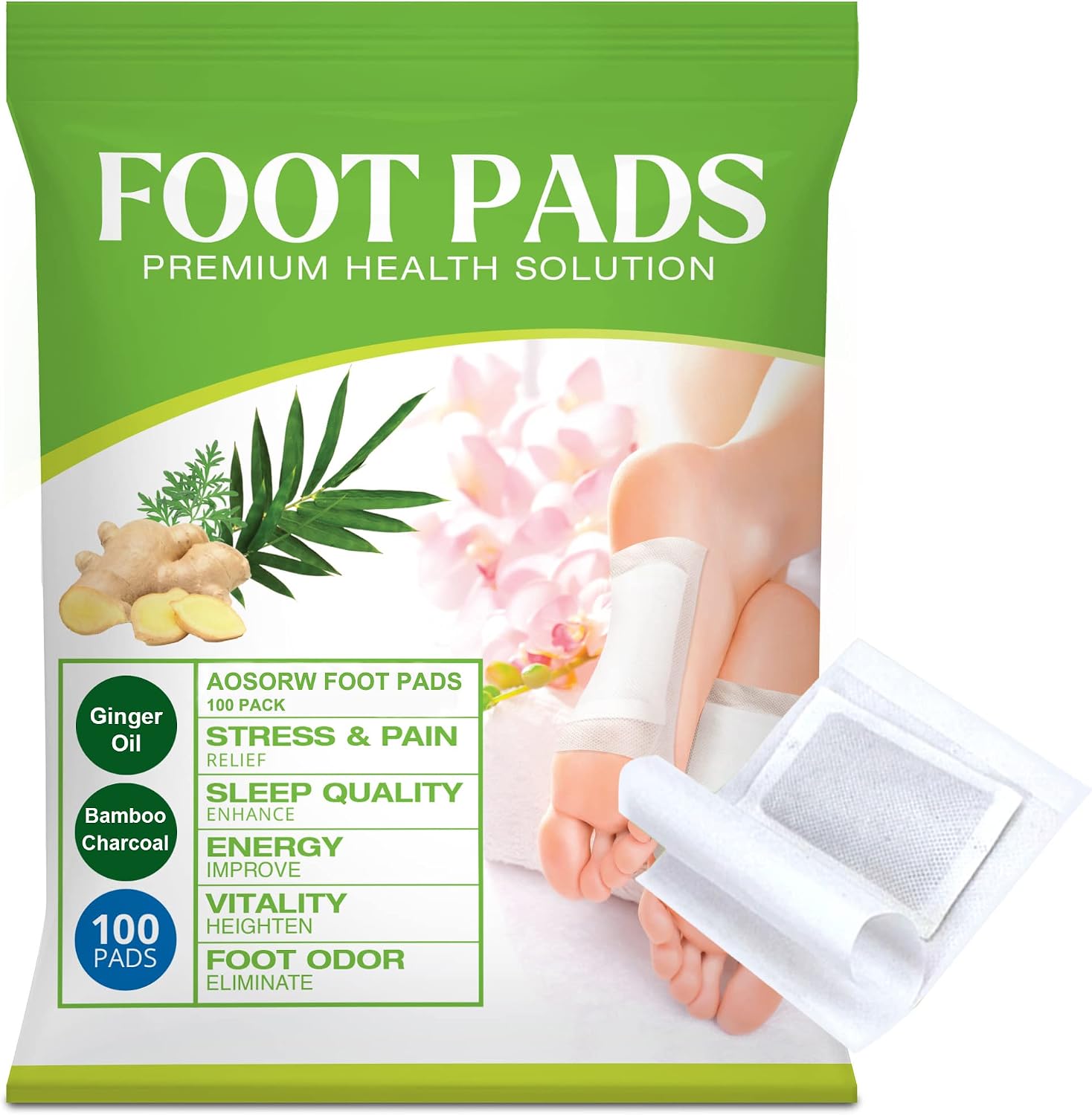 AOSORW 100 Pack Foot Pads, Ginger Oil Bamboo Charcoal Foot Pads, Foot Care Patch, Effective Feet Health Patches, Better Sleep Quality and Foot Pain Relief