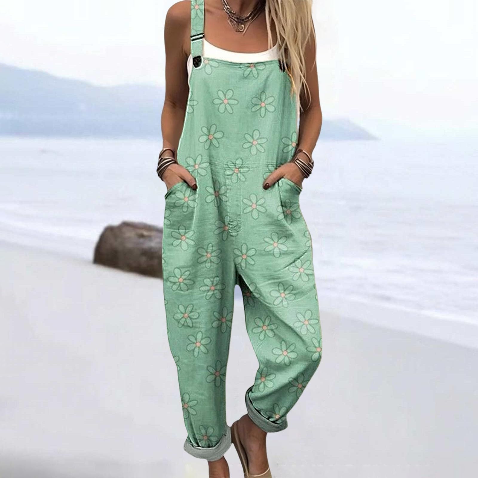 Salopette Donna Estiva Lunga Elegante Tuta Jumpsuit Intera Curvy Casual Moda Stampa Jumpsuits Comoda Larga Pantaloni Da Lavoro Con Tasca Leggera Baggy Salopettes da Casa Playsuit Mare