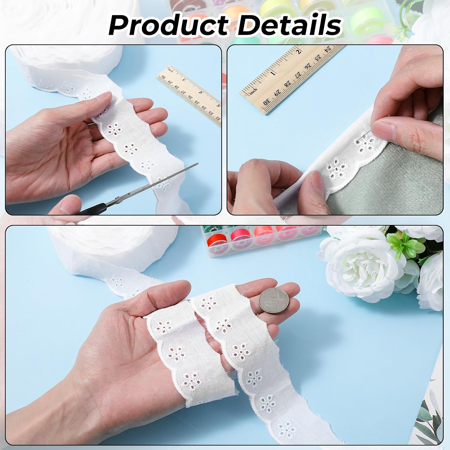 2 Pcs Vintage Ribbon Crochet Lace Scalloped Edge Cotton Eyelet Lace Trim White Fabric Sewing Trimming Floral Embroidery Ruffle Wavy Edge for DIY Scrapbooking Wedding Crafts Curtain Decorations