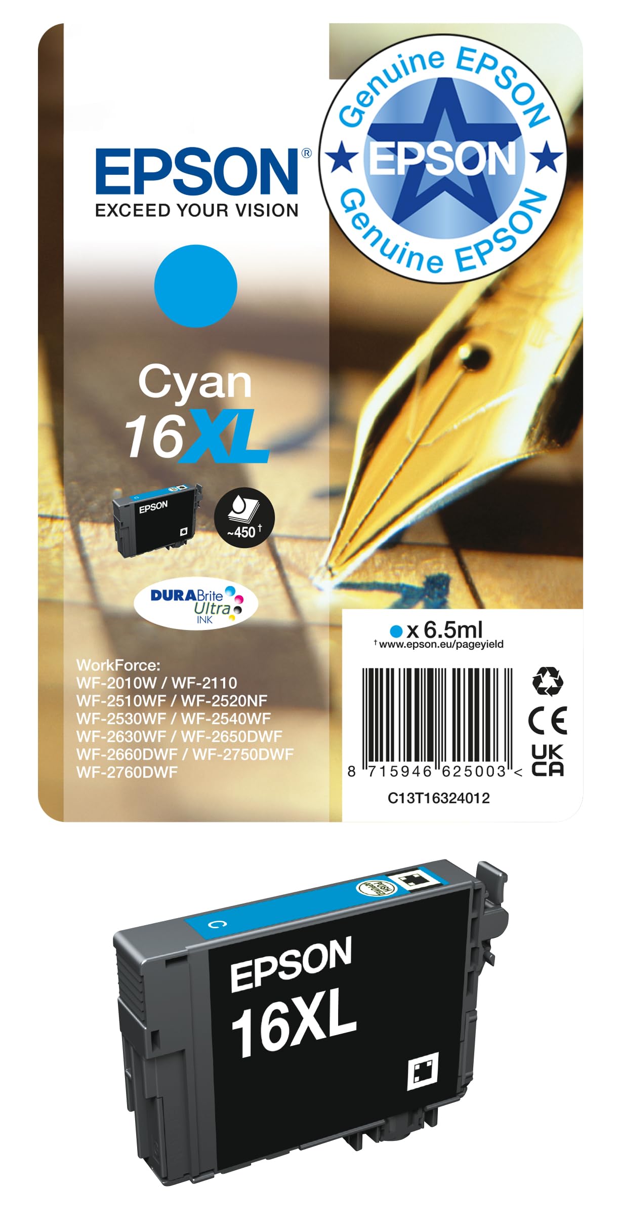 Epson Cyan C13t16324012/16Xl Ink Cartridge High-Capacity Xl. 450 Pages