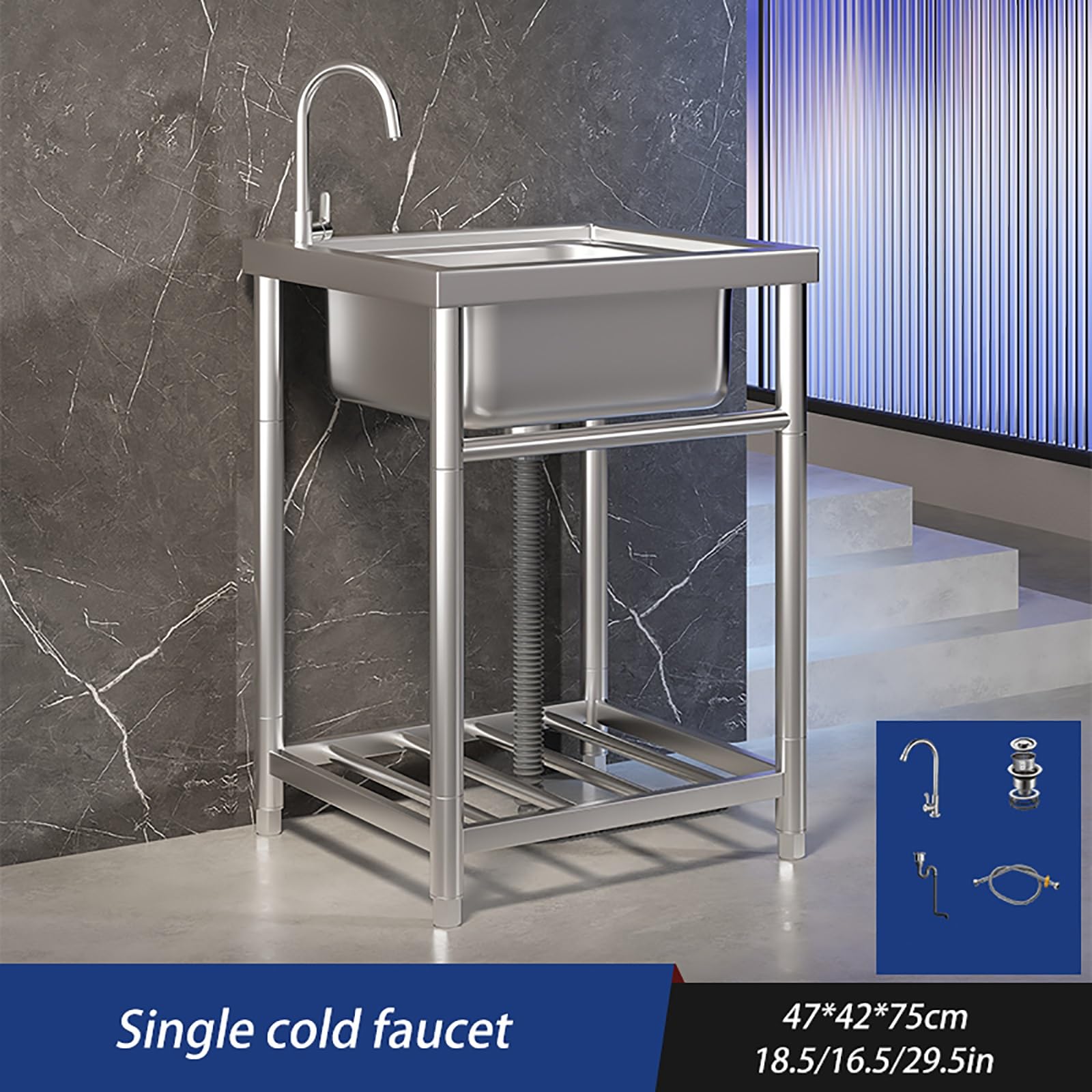 Generico Lavello di Servizio autoportante in Acciaio Inox per Esterni, cucine Commerciali e Garage - Vasca Singola con gocciolatoio e Rubinetto, Ideale per ristoranti e lavanderie.