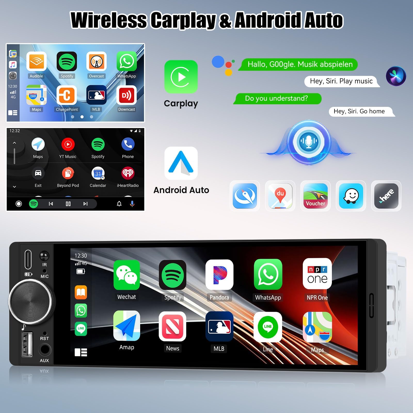 CAMECHO [CARPLAY] 1-DIN radio samochodowe z bezprzewodowym CarPlay i Android Auto ekranem IPS 6,28 cala dotykowym radio do samochodu 1 DIN z Bluetooth łączeniem lustrzanym FM EQ MP5