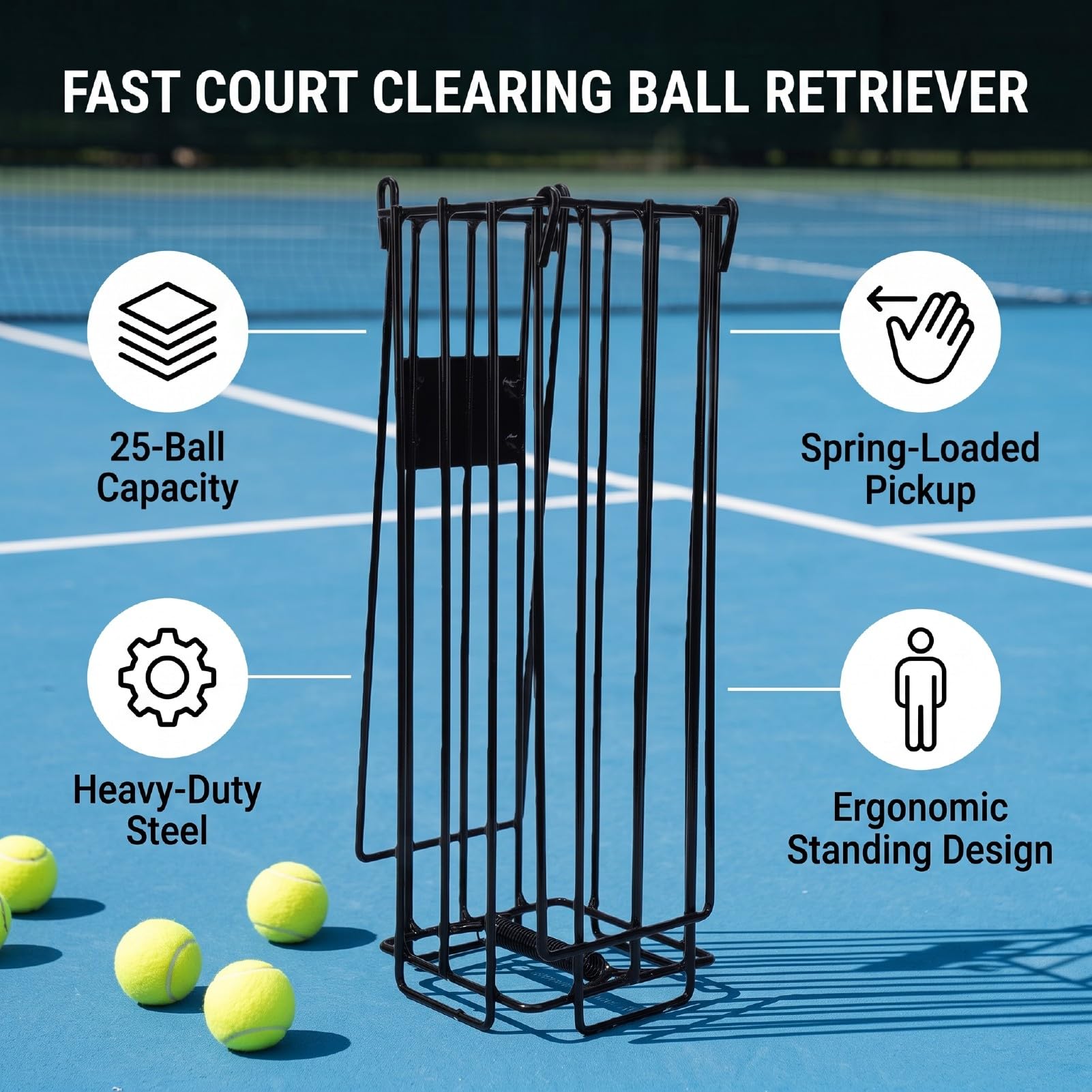 banapoy Cestino Raccoglitore Portatile per Palline da Tennis, Raccolta | Può Contenere Fino a 25 Palline, Raccolta Rapida, Raccolta a Molla, Raccoglitore di Palline con Manico Lungo per