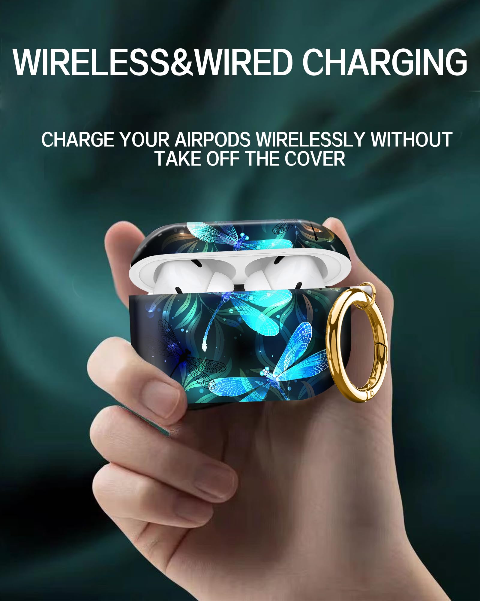 Kompatybilny z AirPod Pro 2. / 1. generacji, uroczy, twardy i odporny na uderzenia etui ochronne ze złotym okrągłym brelokiem do kluczy, dla mężczyzn, kobiet i dziewcząt (śliczna ważka)