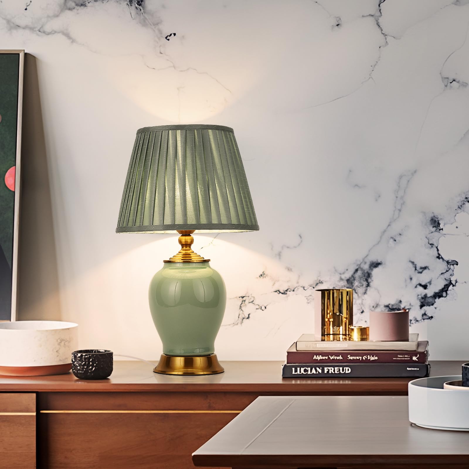 Tischlampe Moderne E27 Nachttisch Lampen, weiße Stoff Lampenschirm Schreibtischlampe, Keramik Nachttisch Lampe Schlafzimmer Dekoration Studie Leselampe, Grün