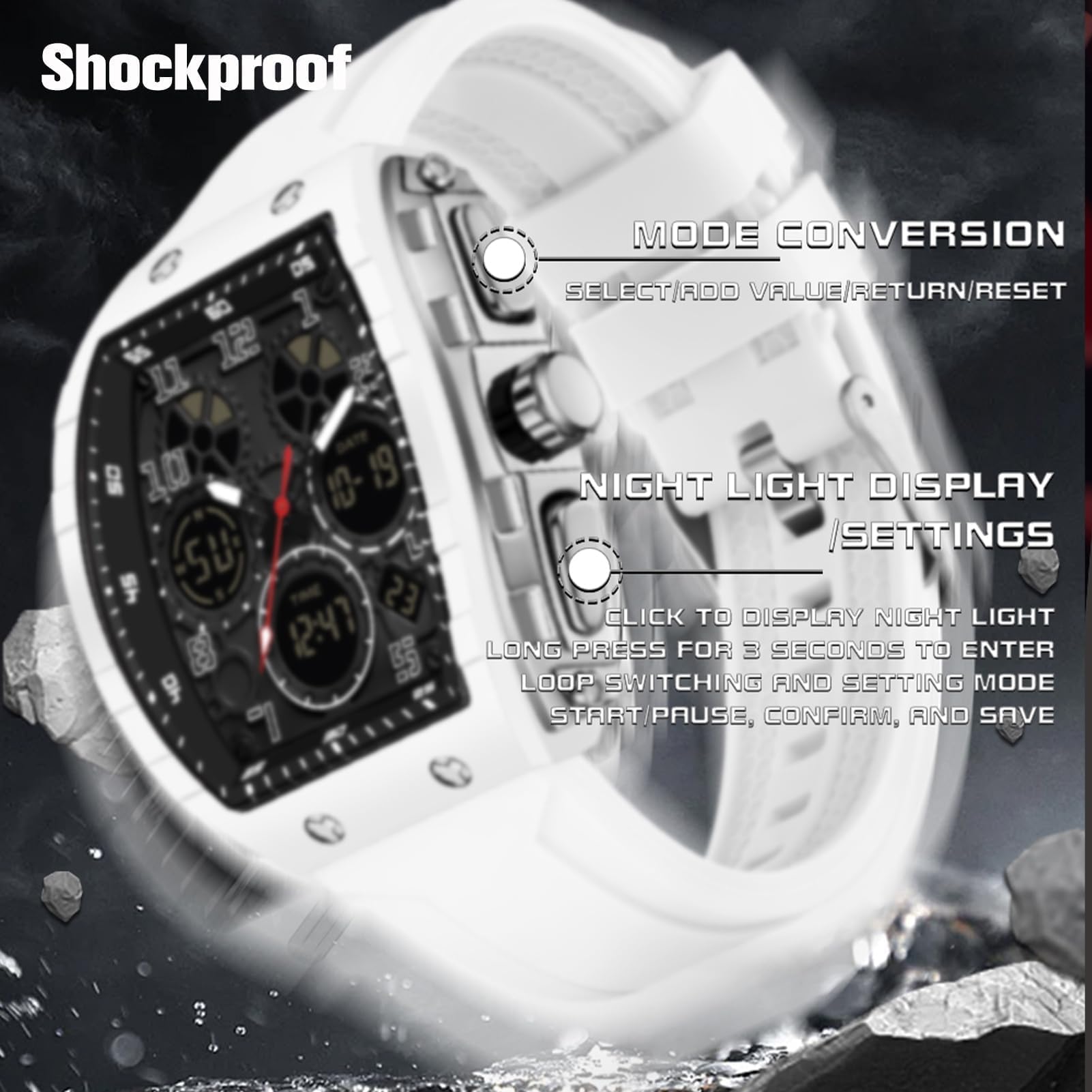 findtime Montre Militaire Homme Sport Design Unique Cadran Rectangulaire, Affichage Numérique Analogique, Double Fuseau, Chronomètre Étanche 5ATM, Style Punk