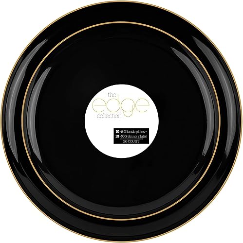 Miniatura 3 de Edge Luxe - Juego de platos negros con borde dorado, 20 unidades, juego de platos de plástico desechables con 10 platos de almuerzo de 8.6 pulgadas