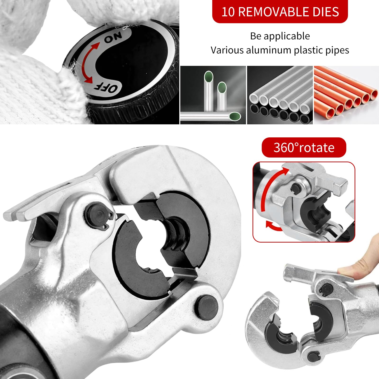 Alicates de crimpado hidráulicos, herramientas de fontanería, incluye 5 troqueles de crimpado de tubo de cobre: 12, 15, 18, 22, 28 mm, apto para prensado de tubos de cobre, más 4 troqueles de