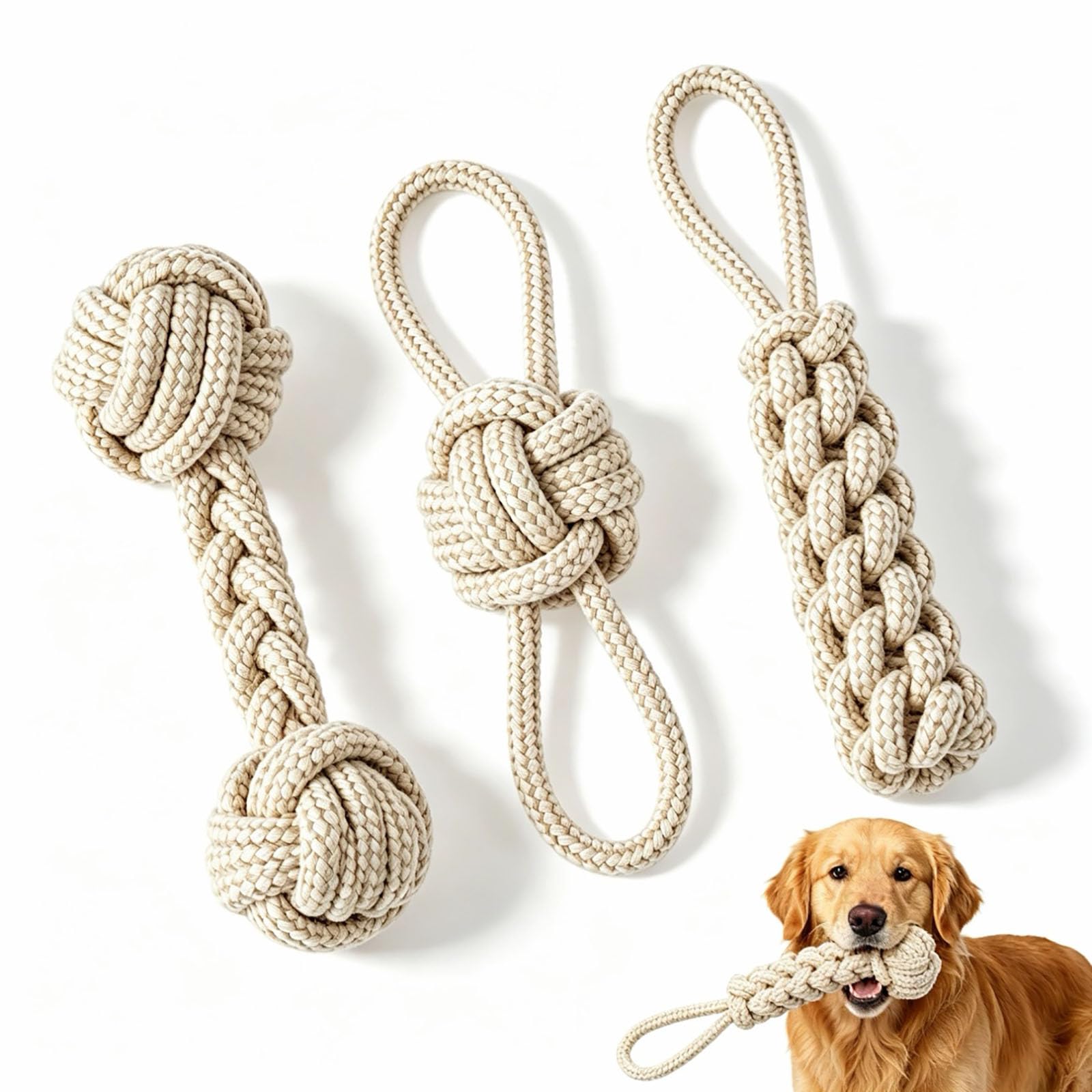 HREDZEO Natural Cotton Rope Dog Toys 3 Pack Indestructible Chew Set for Boredom Relief Small Medium Puppy Teething Dental Health