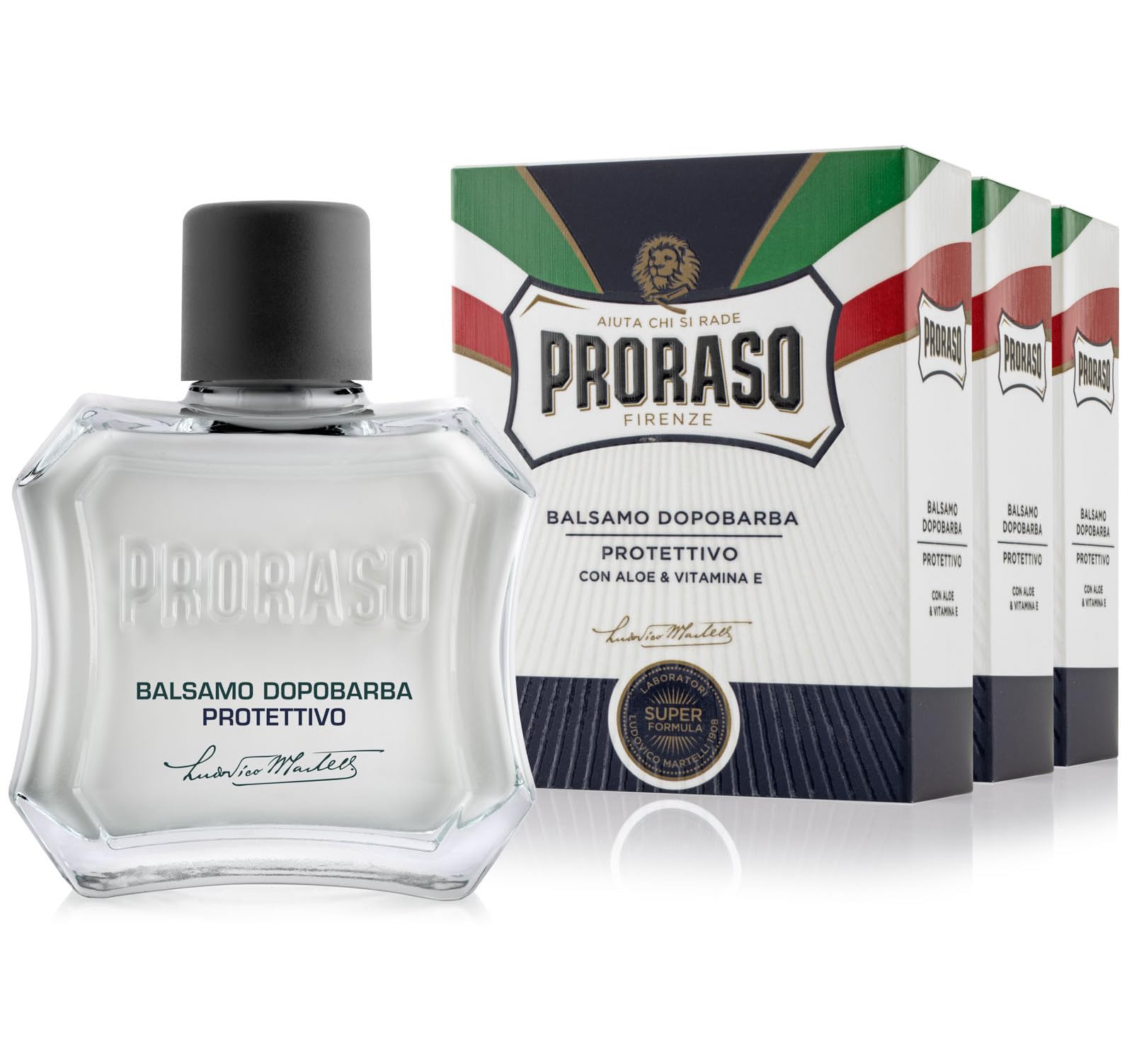 Proraso Balsamo Dopobarba Uomo Protettivo, 3 x 100ml, Dopobarba uomo con estratti di Aloe e Vitamina E, Effetto rivitalizzante, Senza alcol, Made in Italy