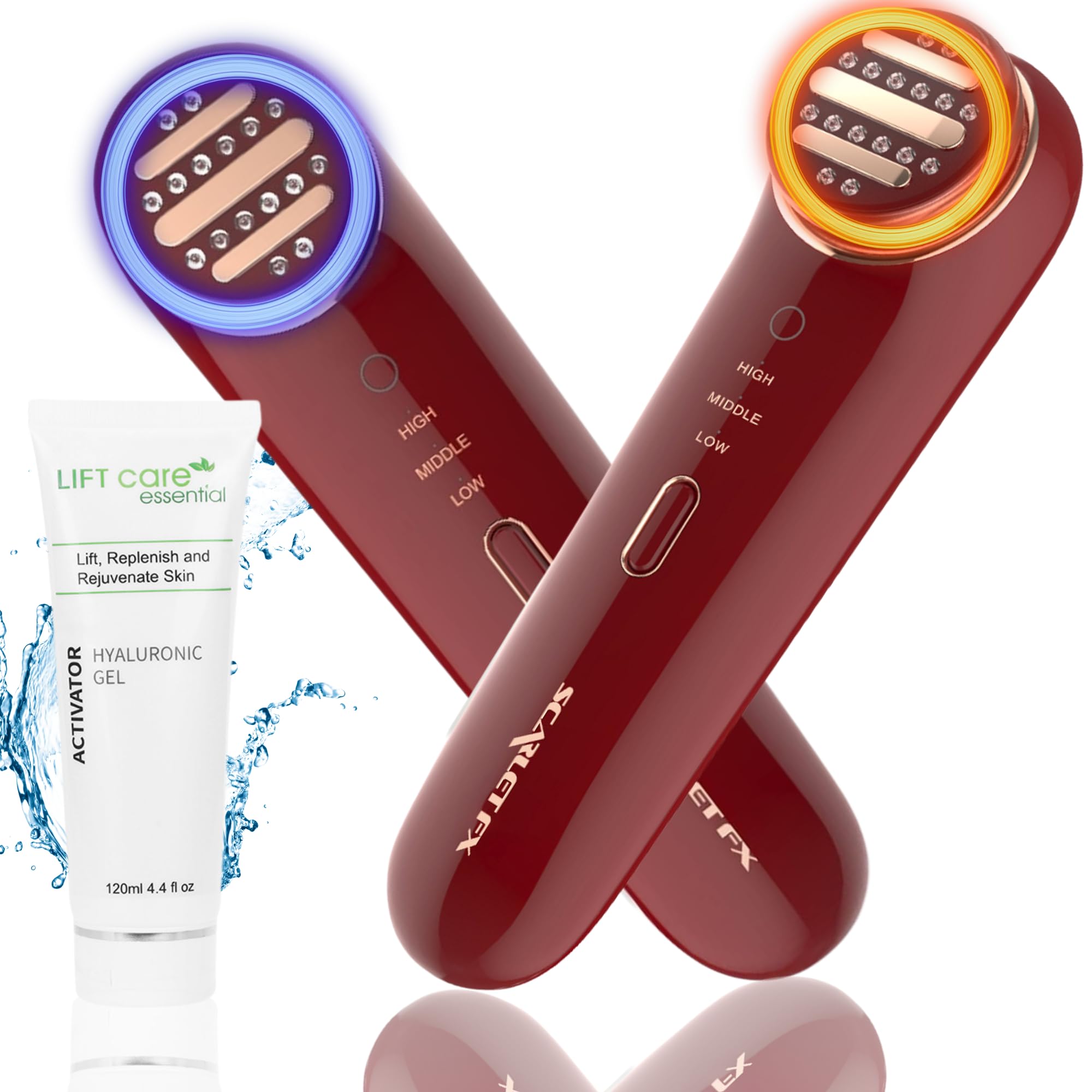 3-In-1 Skin tightening device w/ duo red and blue led light therapy for face facial heating rejuvenation massager includes hyaluronic toner gel