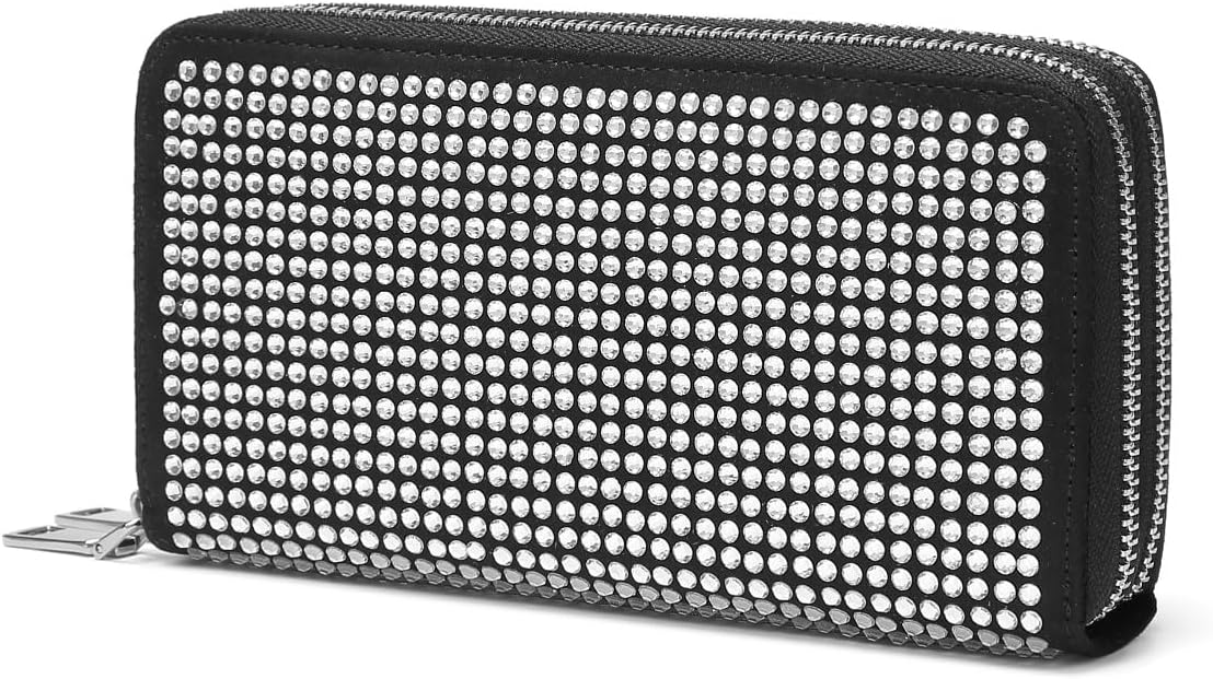 Rhinestone Zip Around Double Zippers Wallet with Multiple Card Slots and Coin Pouch