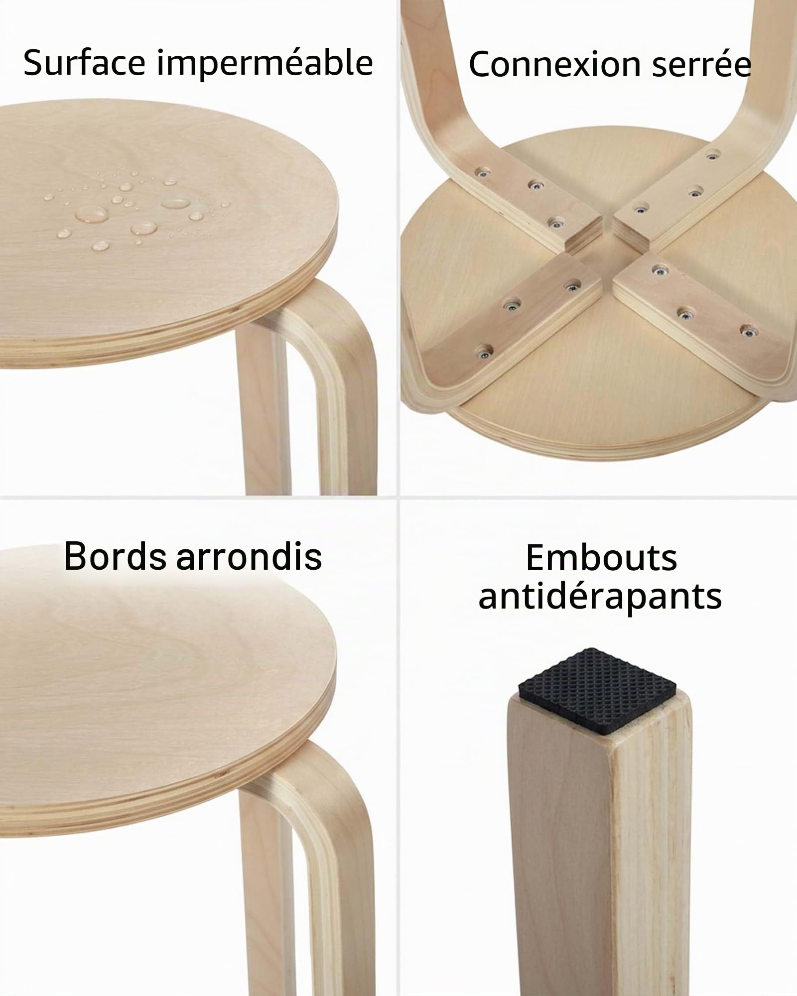Tabouret Bois Lot de 2 Tabourets Empilables en Bois Tabouret Bas Rond pour Cuisine Salle à Manger Salon Café Maison Bureau Petit Tabouret en Bois Siège d’Appoint Gain de Place