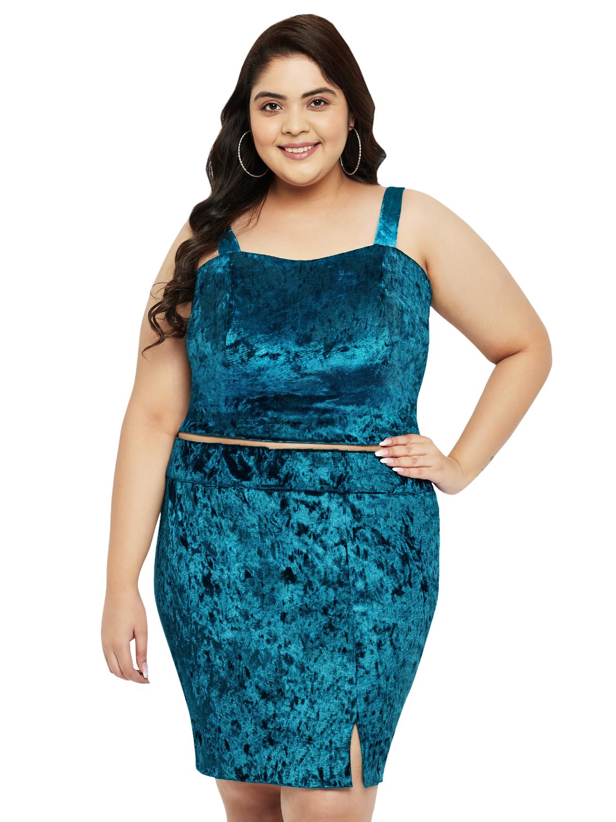 wild U Women 2 Piece Co-ord | Velvet Two Piece Dress | Club Wear Women Stylish Dress | Party Top & Skirt Dress Set - (Turquoise Green, Size : 3XL to 8XL)