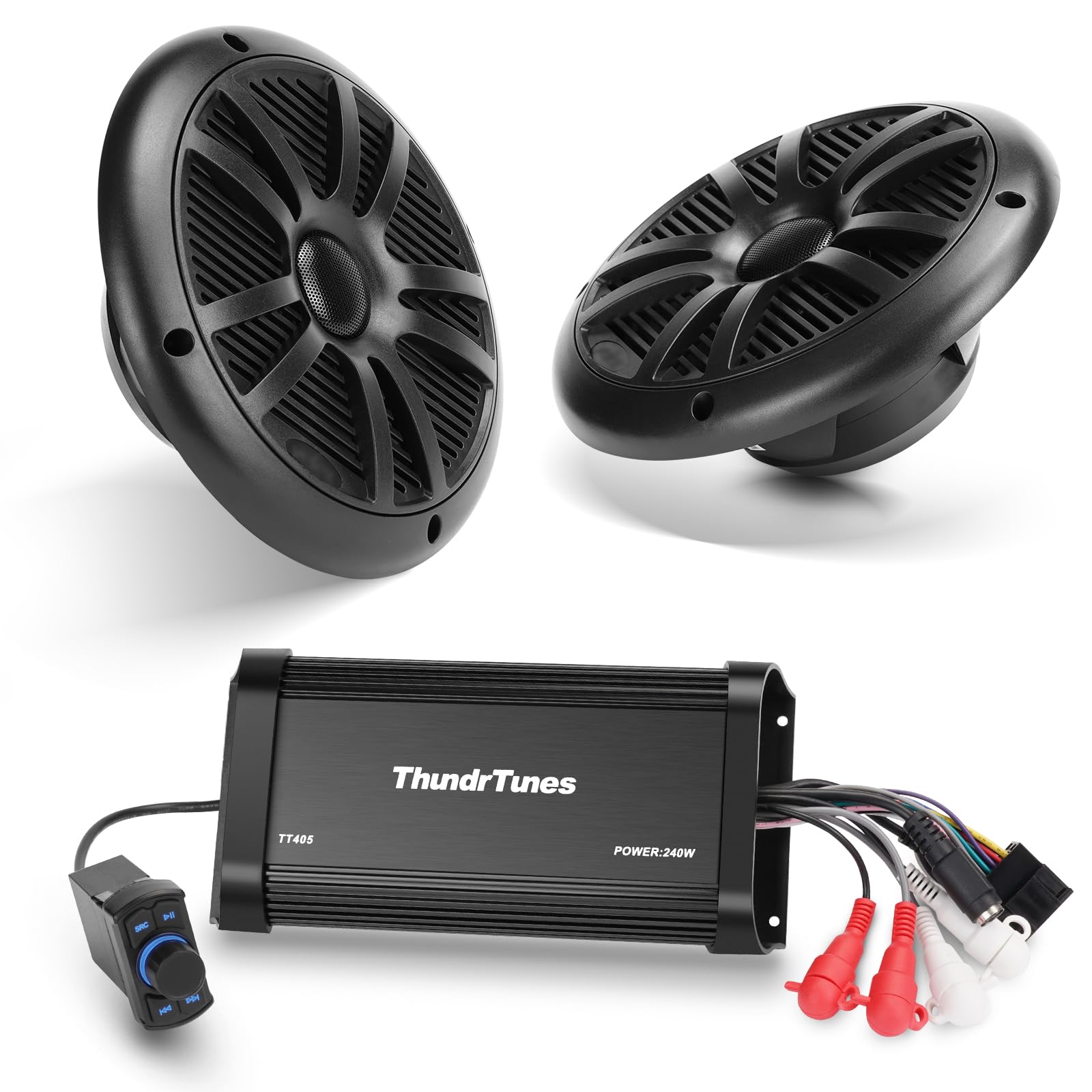 Marine Powersport Bluetooth Amplifier Audio System with 2pcs Black Speakers, Class D 60W x 4 CH, Switch Mount, Suitable for Motorcycle, UTV, ATV, Boat