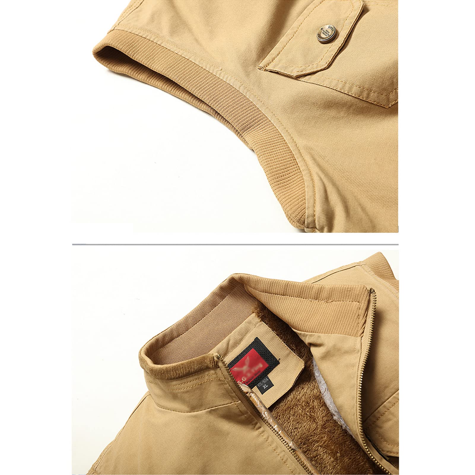 Hombre de algodón Fleece Grueso Gilet Chaleco Outwear Outwear Outdoor Casual Zip Up Pesca Chaleco cálido Hombre Chaqueta Multi Pocket Capa de Carga Light Khaki-XXL