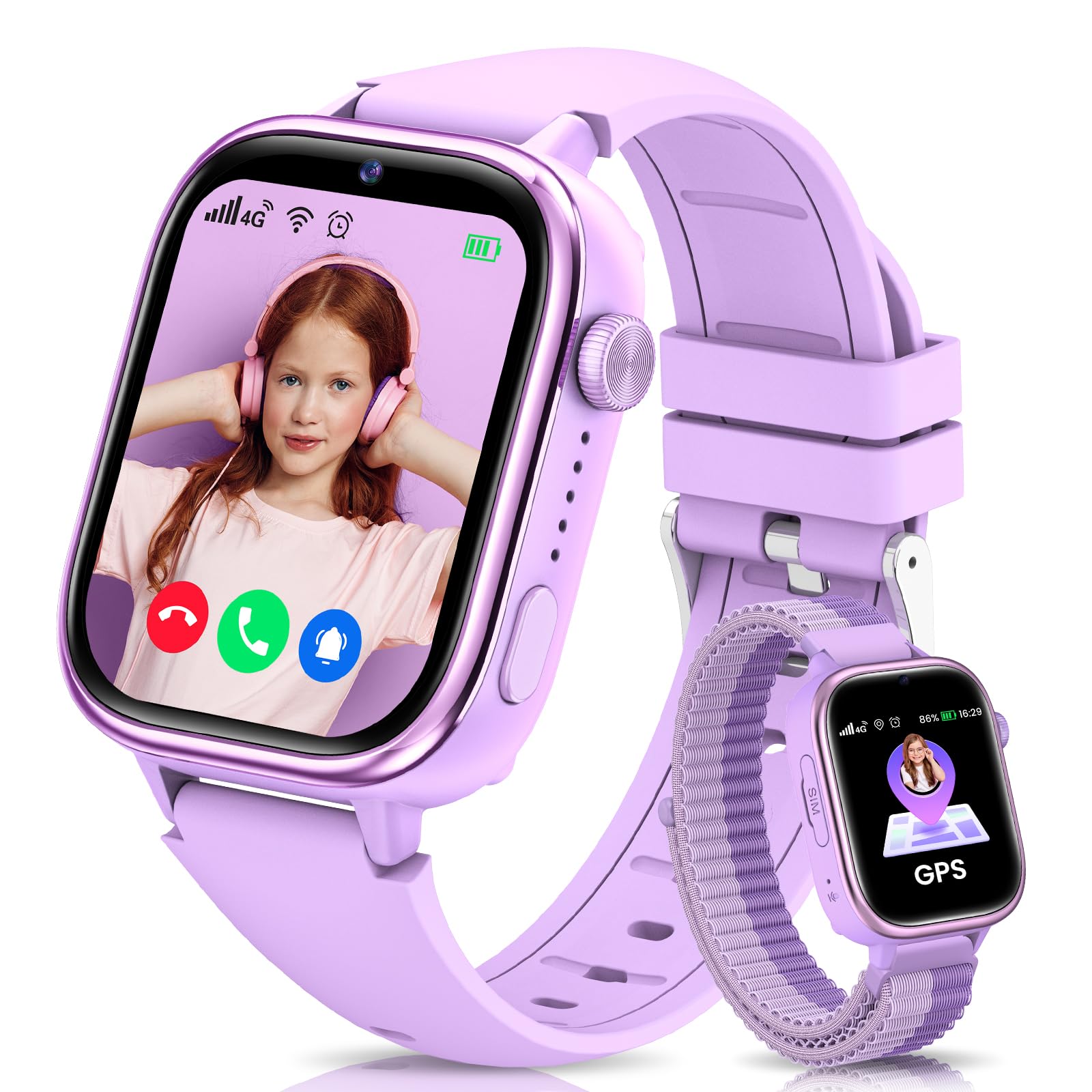 Children's Smartwatch, 4G Smartwatch Children with GPS and Phone, Video Call, Calls, SOS, School Mode, Chat, SIM, Alarm Clock, Pedometer IP68, Gift Girls/Boys, 4-14 Years Purple