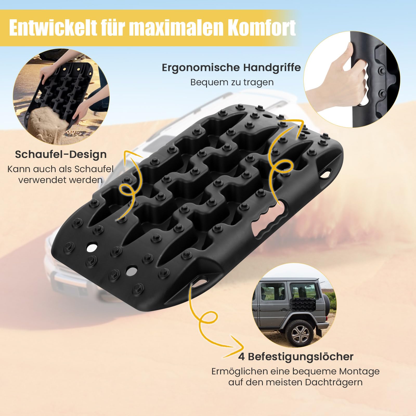 COSTWAY 2 Stücke Anfahrhilfe Sandbleche Offroad, Reifenleiter für Sand/Schlamm/Schnee, 10T, Recovery Board Tracks Mats, Traktionsmatte für Geländewagen Wohnmobil PKW LKW (Schwarz, 58 x 31 x 6 cm)