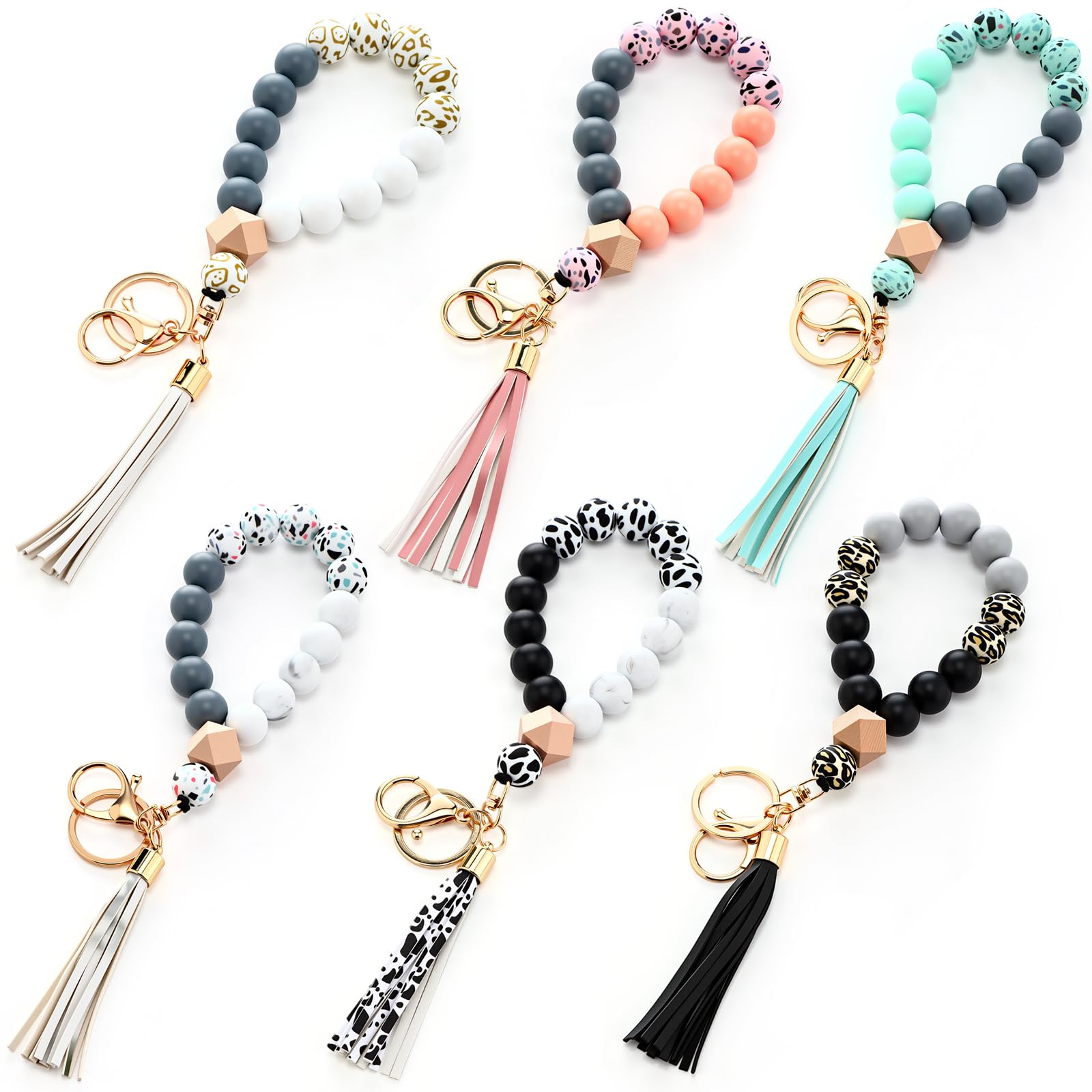 Tondiamo 6 Pcs Silicone Wristlet Keychain for Women Cute Car Key Ring Bracelet Beaded Bangle Chains with Leather Tassel(Fashion Colors)