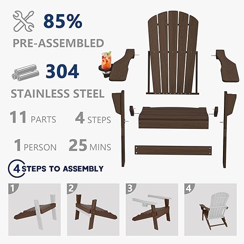 Miniatura 4 de Plawdlik Silla Adirondack plegable, probada por SGS, textura de madera con soporte para tazas, pesado HDPE para todo tipo de clima, juego cómodo
