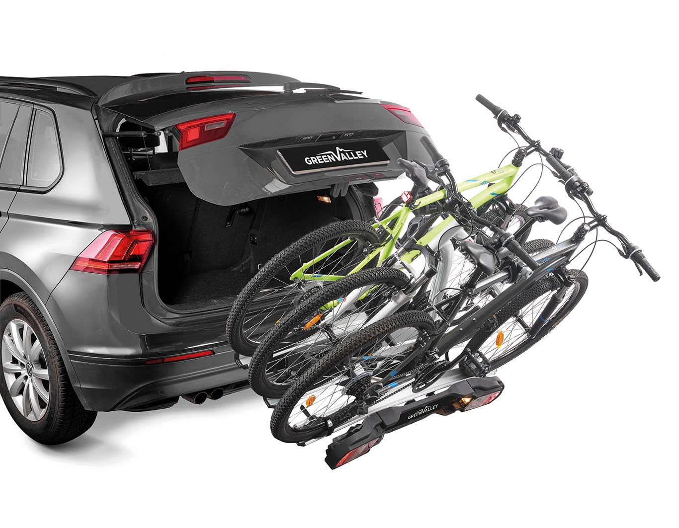 Green Valley 160668 - Plataforma para portabicicletas con Enganche inclinable para Coche, 3 Bicicletas clásicas (2 Bicicletas eléctricas MAX), Plegable, inclinable y Segura, 60 kg