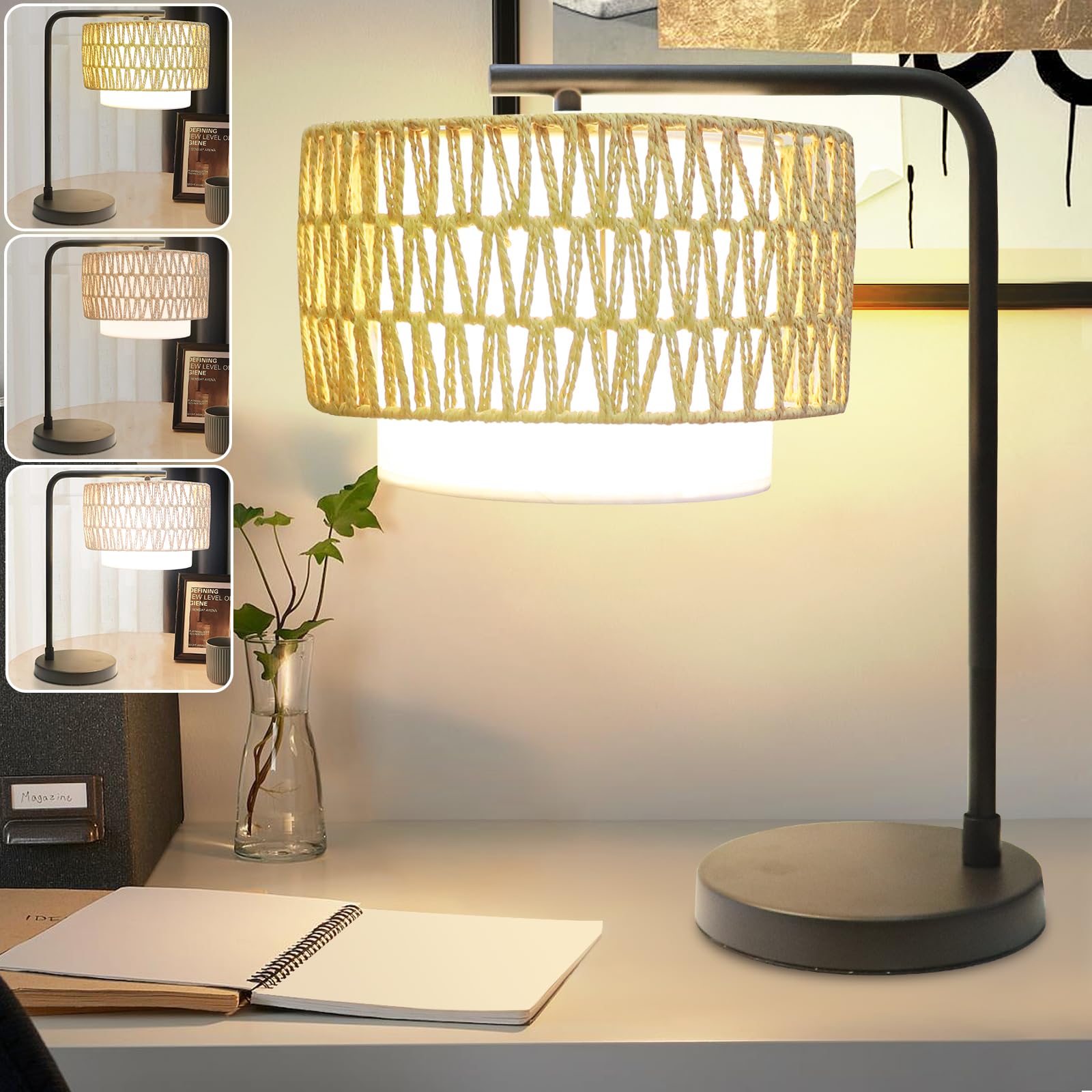 HegangNiu Arc Bedside Table Lamp with 3 Color Temperatures,Boho Standing Small Desk Lamp with Rattan & Fabric Shades,Dimmable Side Table Lamp for Bedroom Living Room Home Office