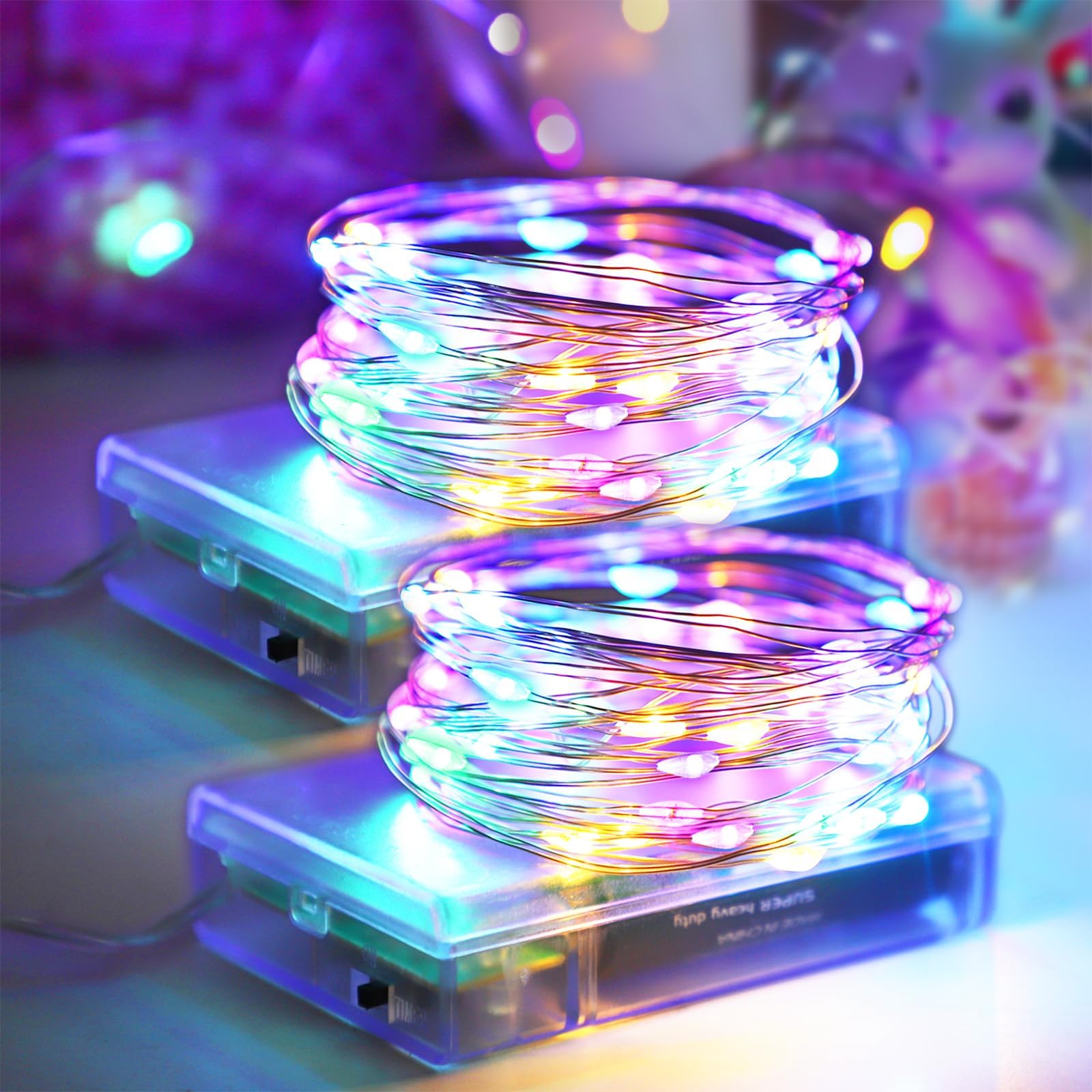 Easter Decorations Pastel Fairy String Lights Indoor, Battery Operated Powered with Timer, 2 Pack Total 33FT 100 Led Mini Mason Jar Waterproof Firefly Lights for Garland DIY Party