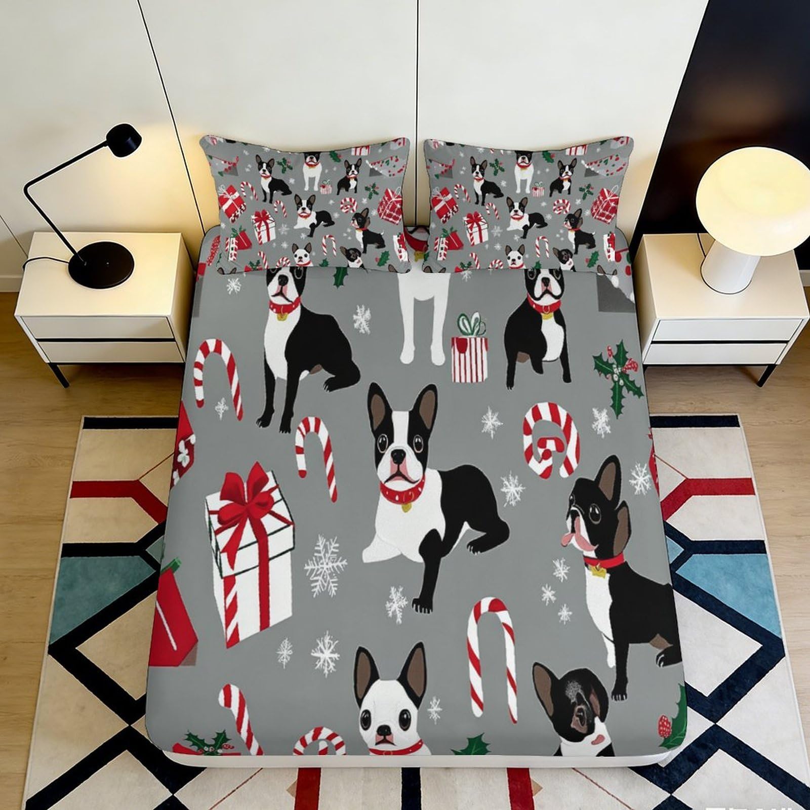 3D Printed Boston Terrier Christmas Fitted Sheet Microfiber Grey Dog Gift Mattress Cover for Bedroom Guest Room 90x200x25cm