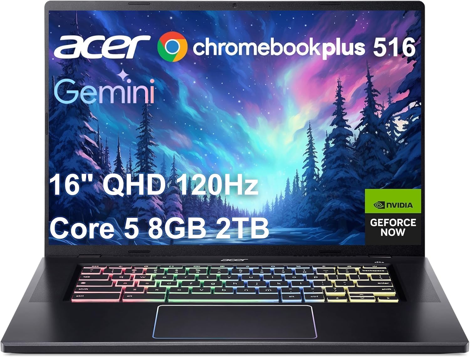 Acer Chromebook Plus 516 GE Cloud Gaming Laptop (16″ QHD 120Hz, Intel 10-Core 5 120U(>i5-1235U) 8GB RAM, 2TB SSD, NVIDIA GeForce NOW, 2TB Cloud Storage) 1080p Webcam, RGB Backlit, WIFI 6E, Chrome OS