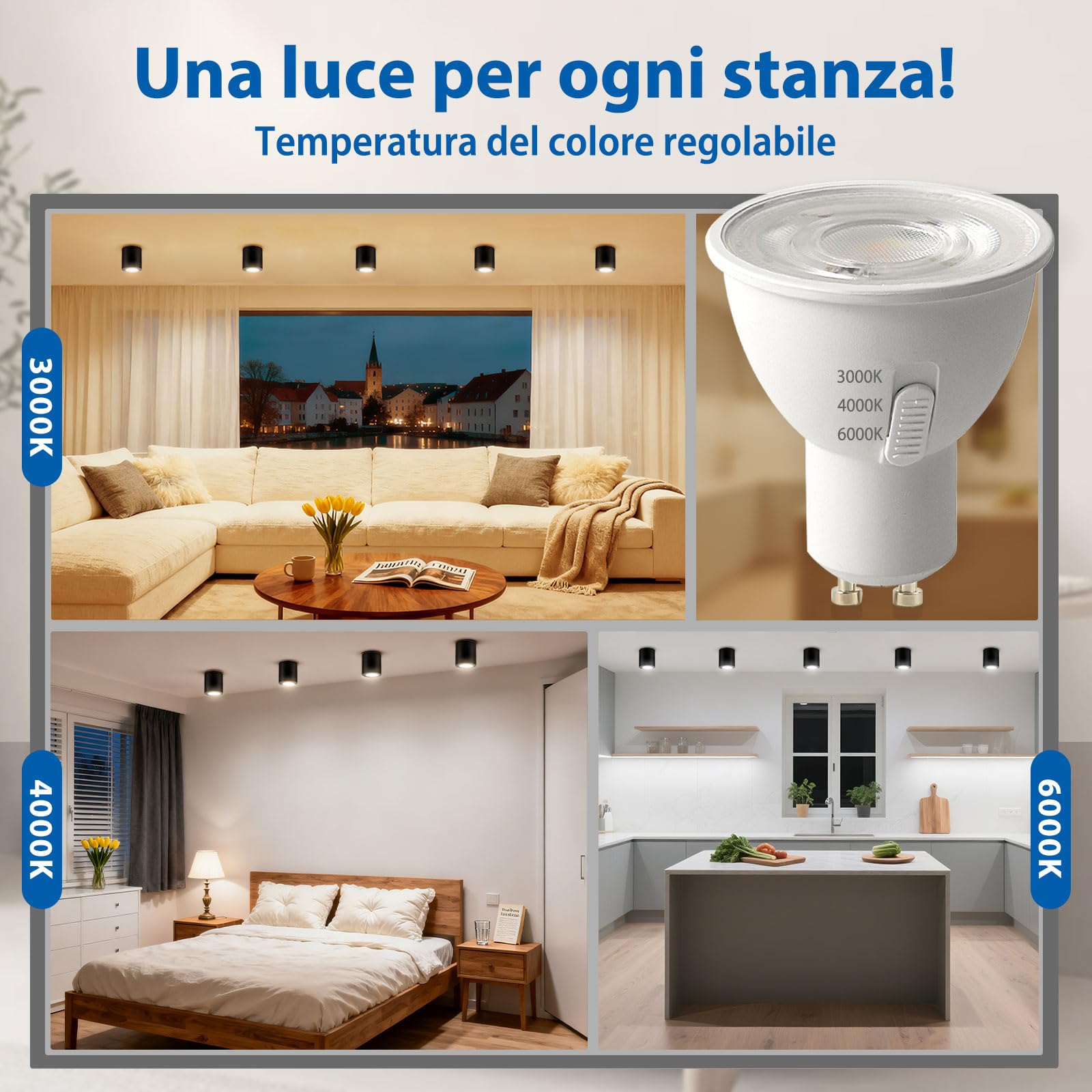 6 Pezzi Faretti Neri Led Plafoniera da Soffitto Luce Cucina Corridoio Spotlight, 3 Tonalità a Scelta 3000K / 4000K / 6000K, Luci Per Corridoio Interno, Faretto Gu10 6.5W 230V 550LM, Interni Bagno
