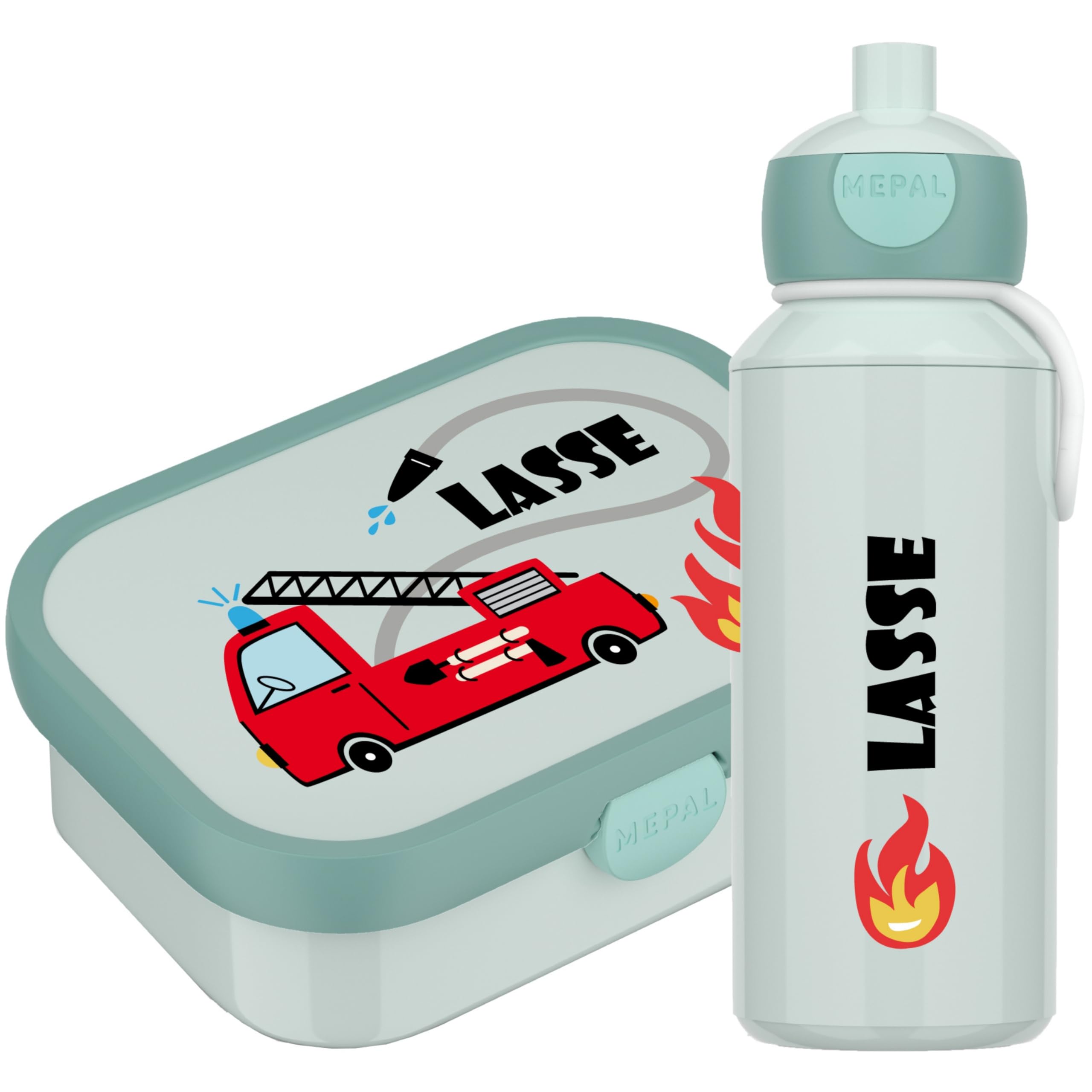 4youDesign Mepal Bento Box & Trinkflasche Set personalisiert Feuerwehrauto – Geschenk für Kinder Geburtstag - Auslaufsicher – Brotdose 750ml, 400ml Flasche (Cool Mint)