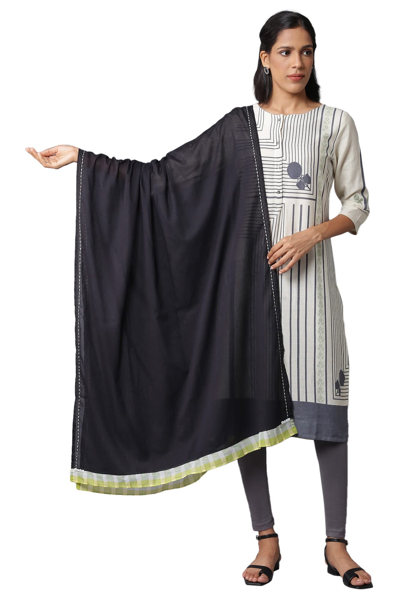 w for woman Women Black Cotton Dupatta With Printed Border, Free Size-picture-21