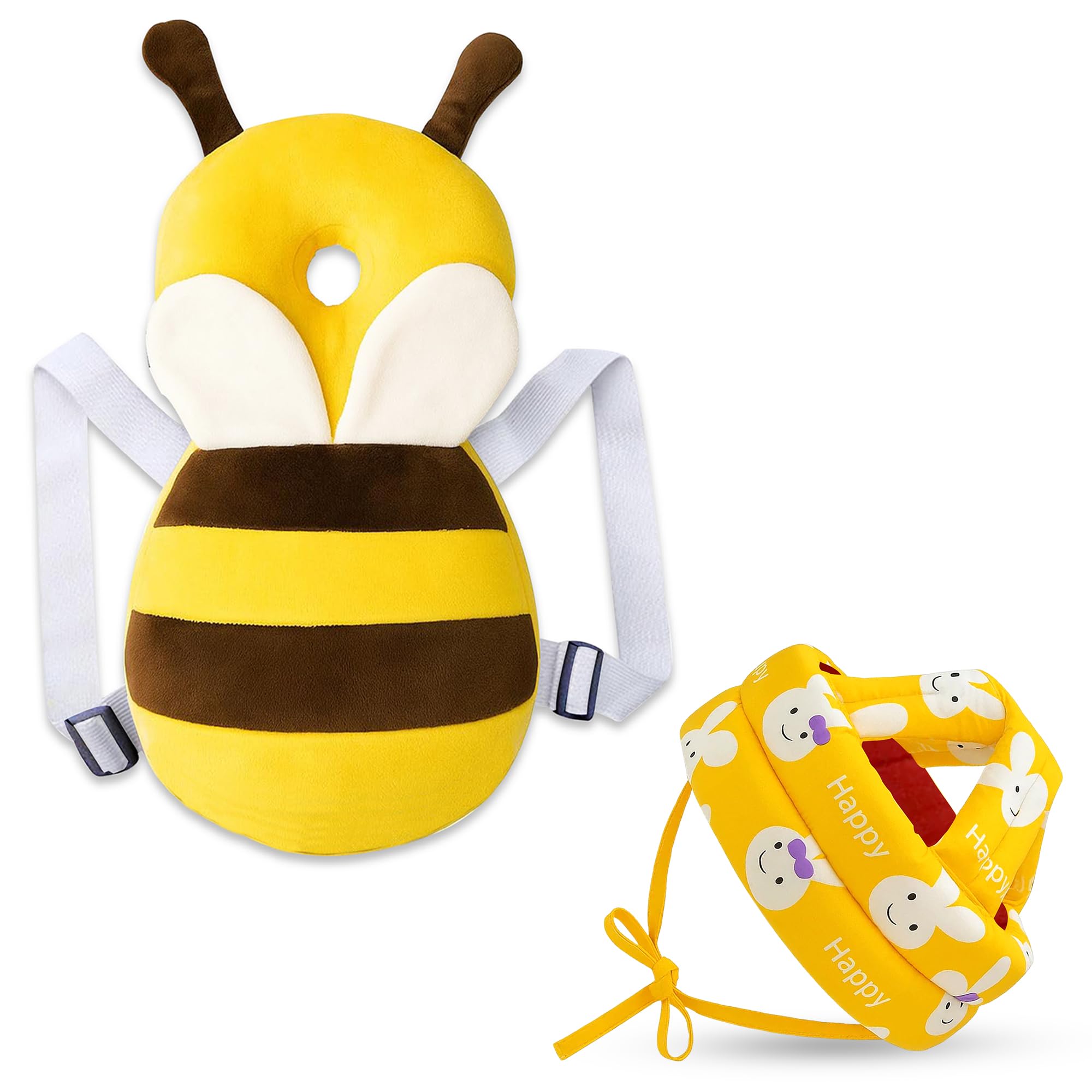 GLUN® Baby Back Protector with Head Protective Hat Combo Set, Cute Honey Bee Shape Soft Cushioning, Adjustable Shoulder Belt, Head Protection Gear for 6-18 Month Toddler Kids