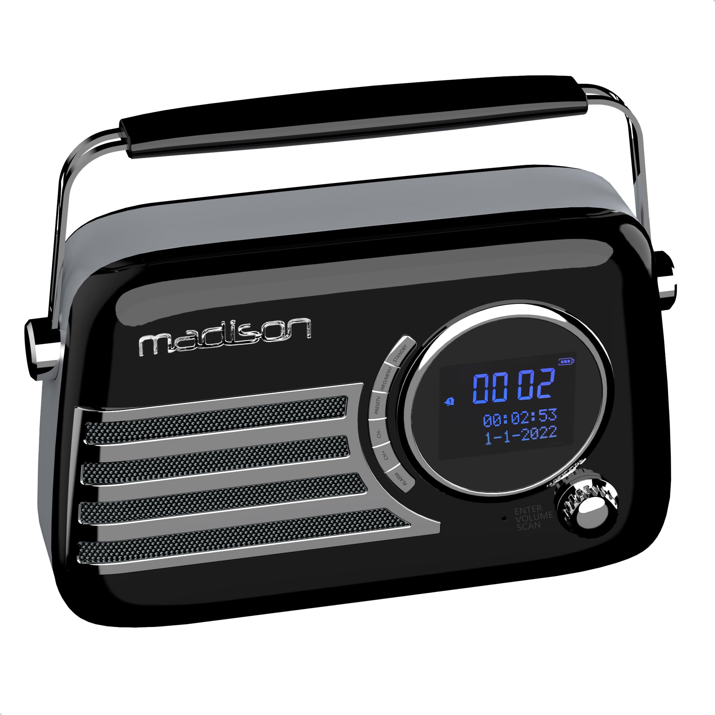 Madison - FREESOUND-VR40BK-DAB - Vintage DAB+ Radio na długiej baterii - DAB+, FM, Bluetooth i USB - Tylny subwoofer - Błyszcząca czerń - Vintage, Nostalgia, Retro