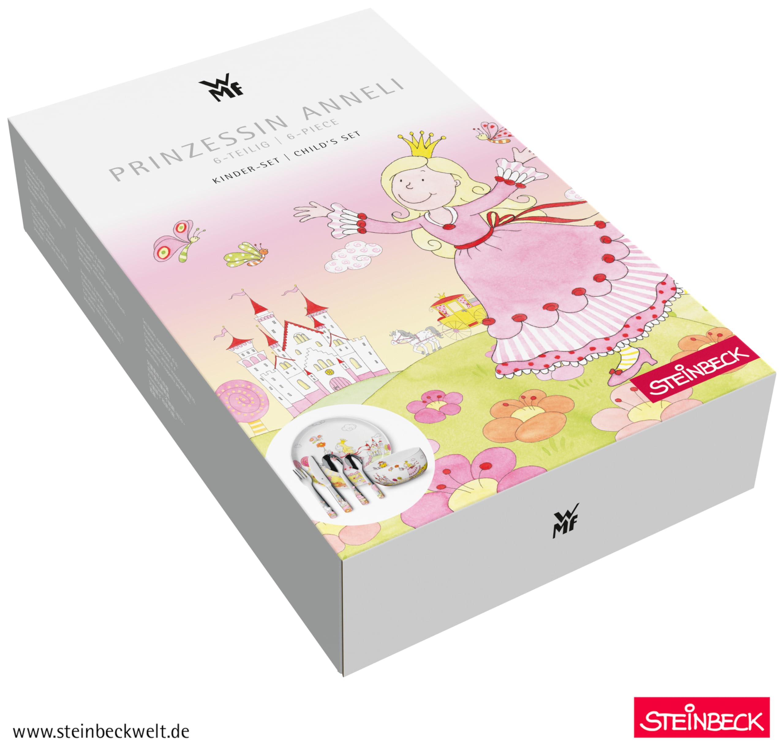 WMF Prinzessin Anneli Kindergeschirr Set 6-teilig mit Gravur – mit Namen – Porzellan Teller & Müsli-Schale mit Kinderbesteck – Kinder-Geschirrset für selbstständiges Essen ab 3 Jahren