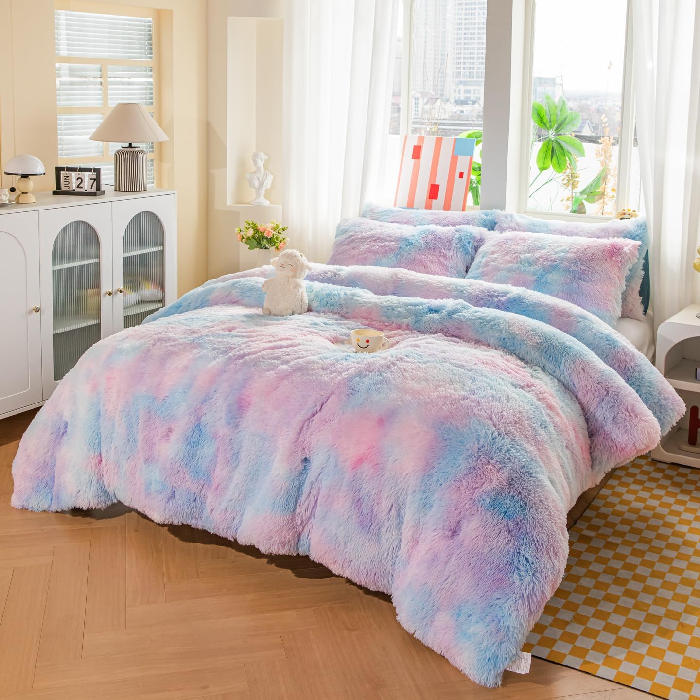chovy Faux Fur Plush Tie-Dyed Blue Comforter Sets Twin/Full Size - Ultra Soft Shaggy Flannel Velvet Fluffy Fuzzy 3PC Bedding Set (Comforter x 1 Pillowcases x 2) - Image 4