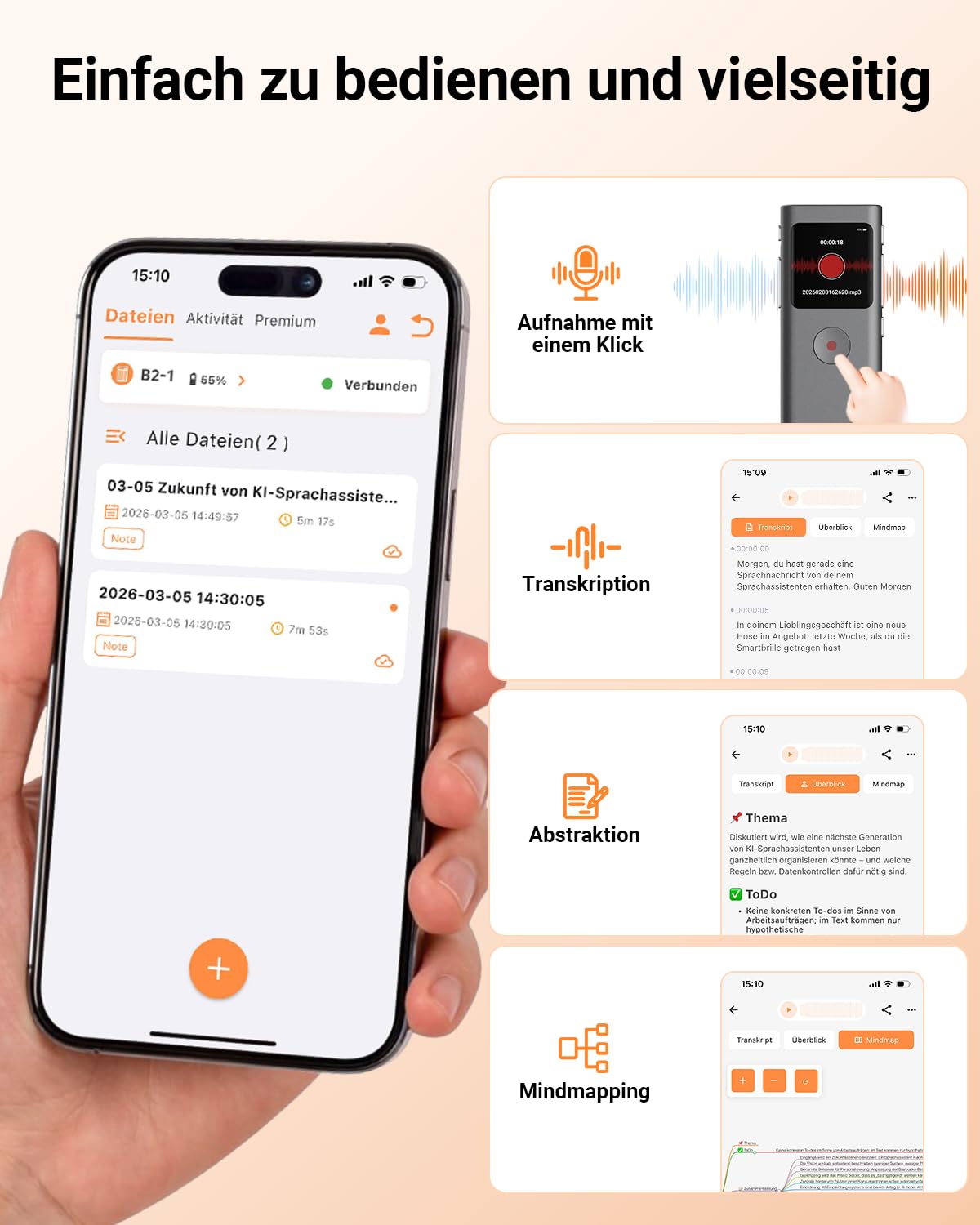 KI Digitales Diktiergerät, Transkribieren und Zusammenfassen, Sprachaktivierte Aufnahme mit Playback, 90+ Sprachen, 64 GB Speicher, One-Touch-Aufnahme, Für Vortrag/Interviews/Klassen