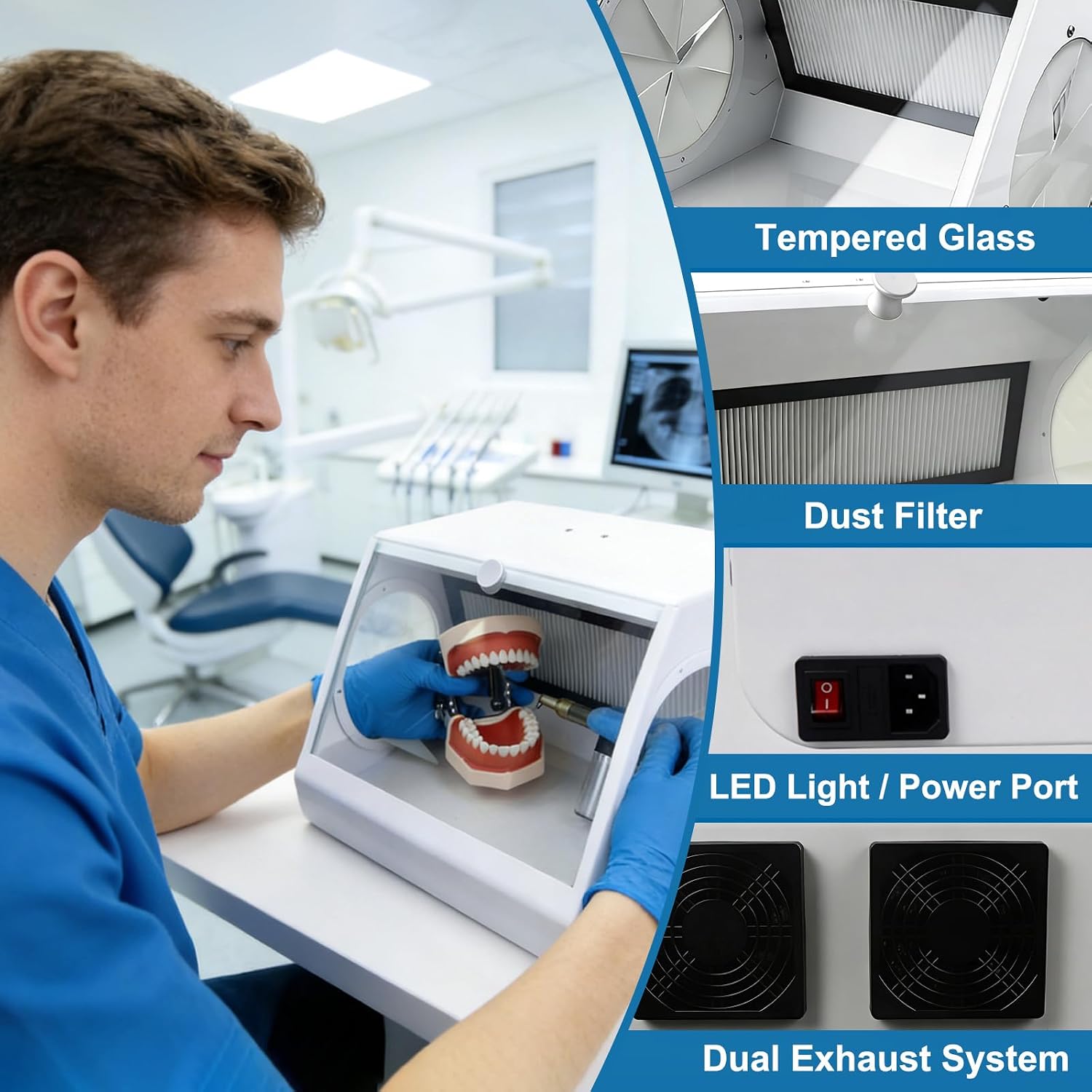 Dental Lab Grinder Dust Collector, Tabletop Dust Box with Tempered Glass Baffle, LED Vacuum Extractor with Dual System and 2 Filters for Sandblasting Grinding Polishing Lapping