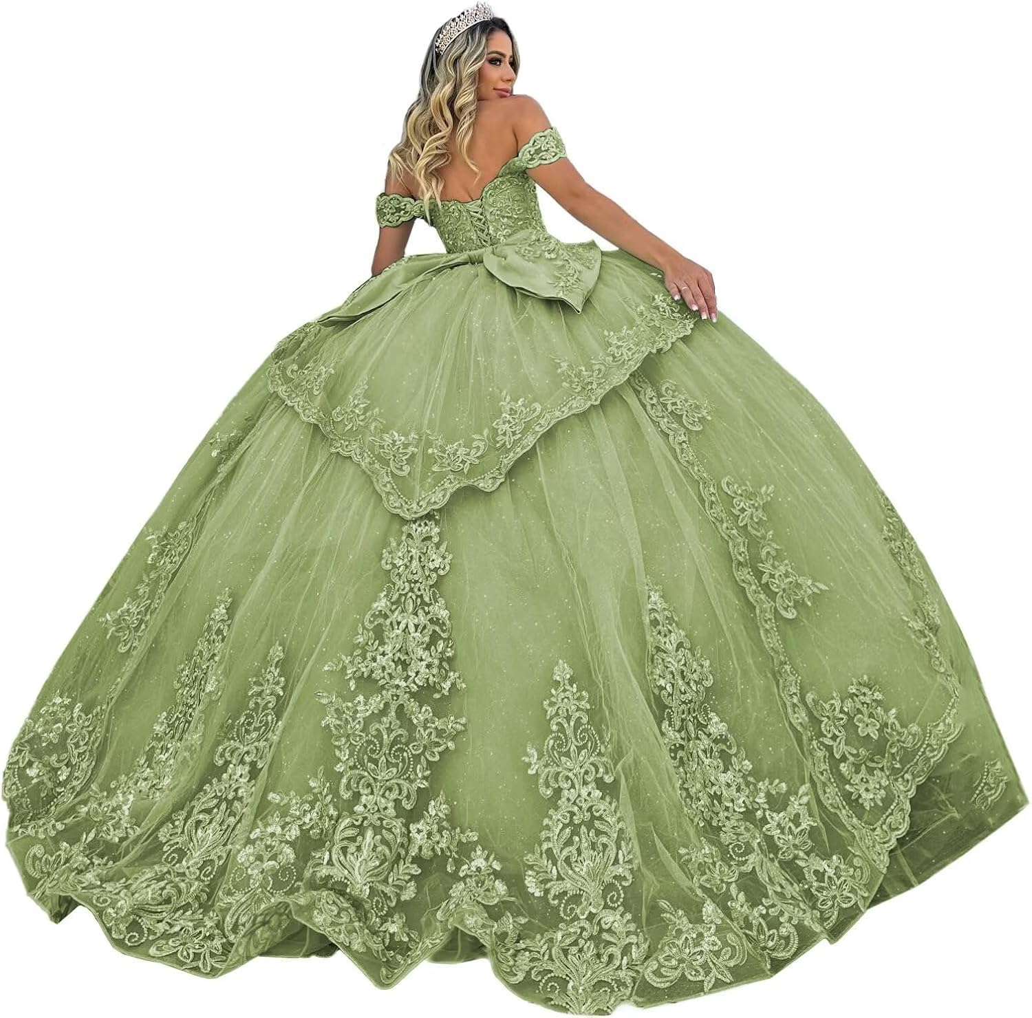 Fuomomo Women's Sage Tulle Quinceanera Dresses Ball Gown Sparkly Lace Appliques Quinceanera Dresses Off Shoulder Long Princess Prom Dress Mt038